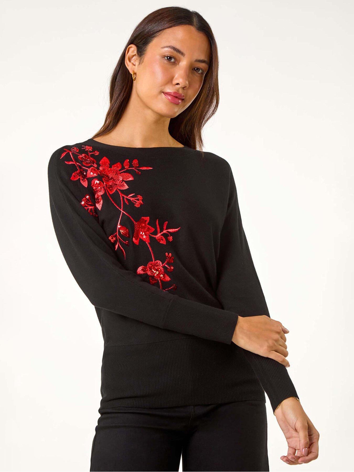  image of roman-sequin-floral-knitted-jumper-black