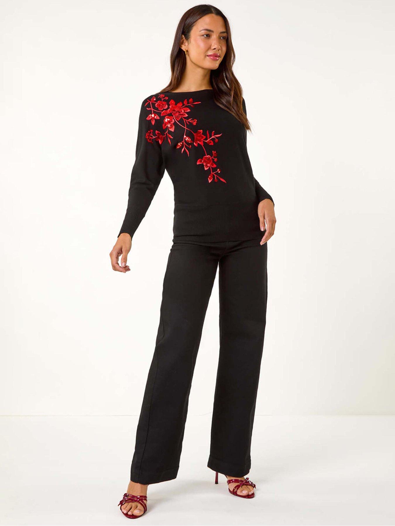  image of roman-sequin-floral-knitted-jumper-black