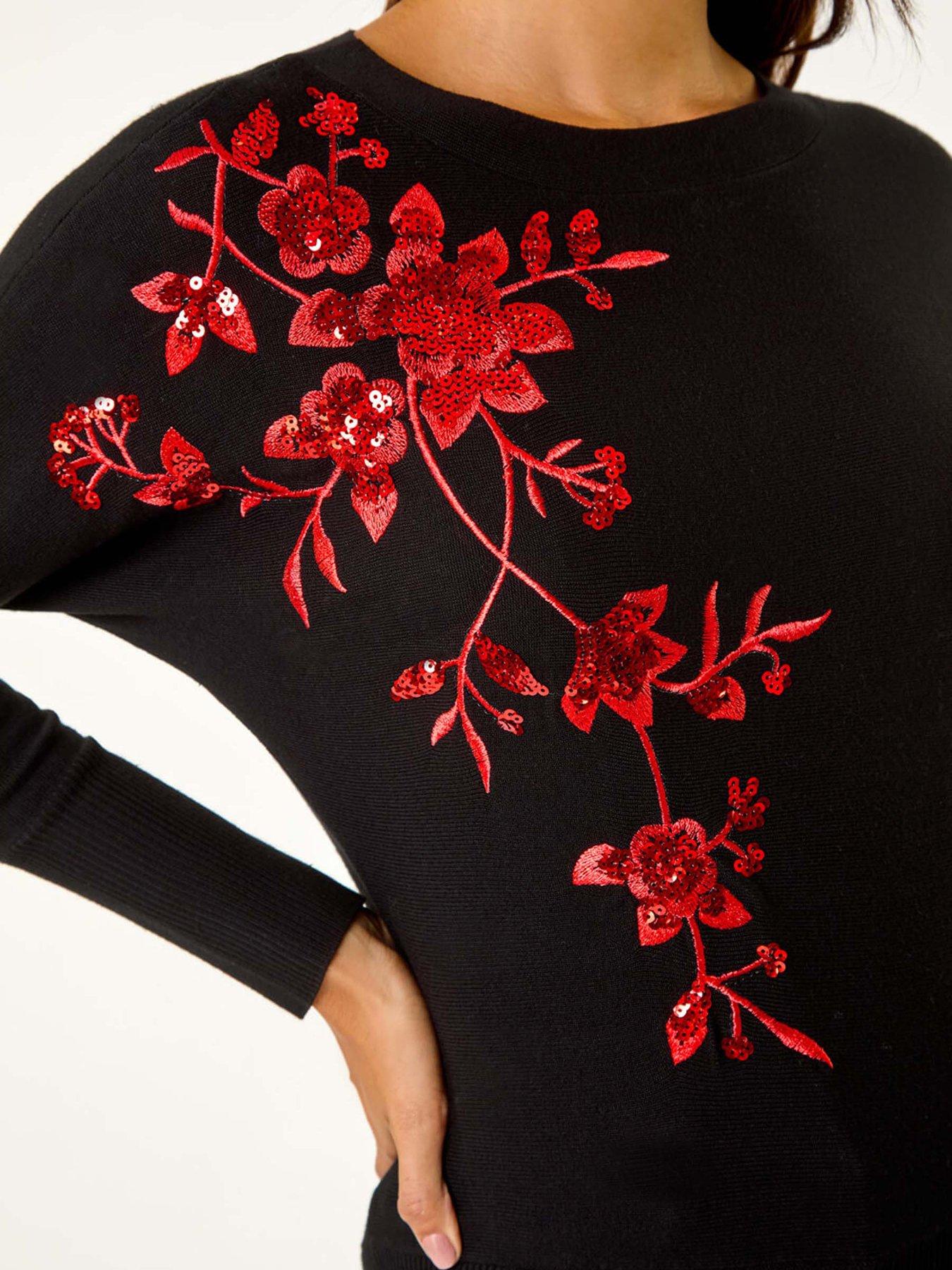  image of roman-sequin-floral-knitted-jumper-black