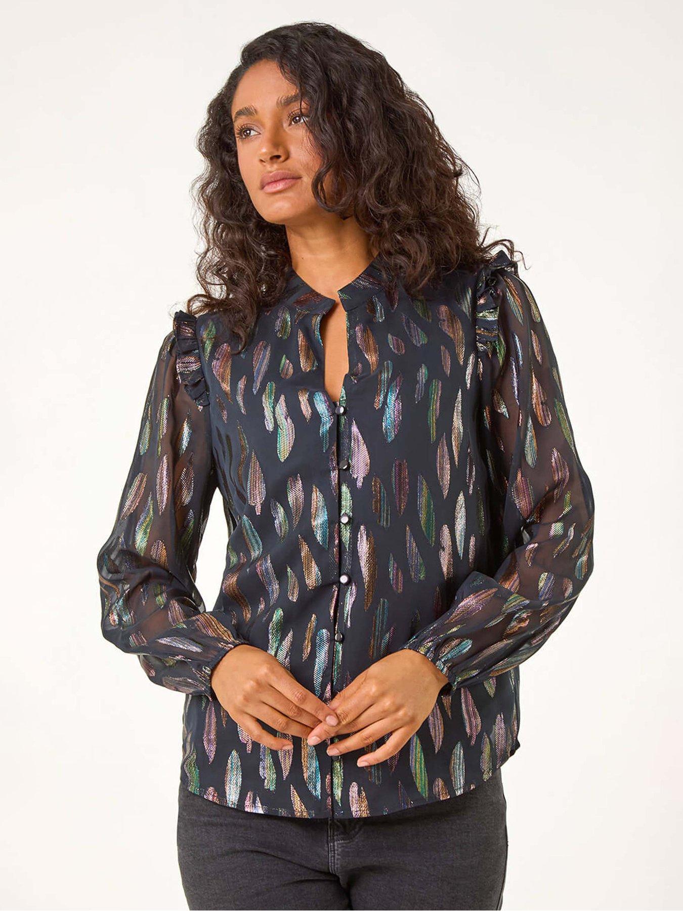  image of roman-dusk-foil-print-tie-front-neck-top-black