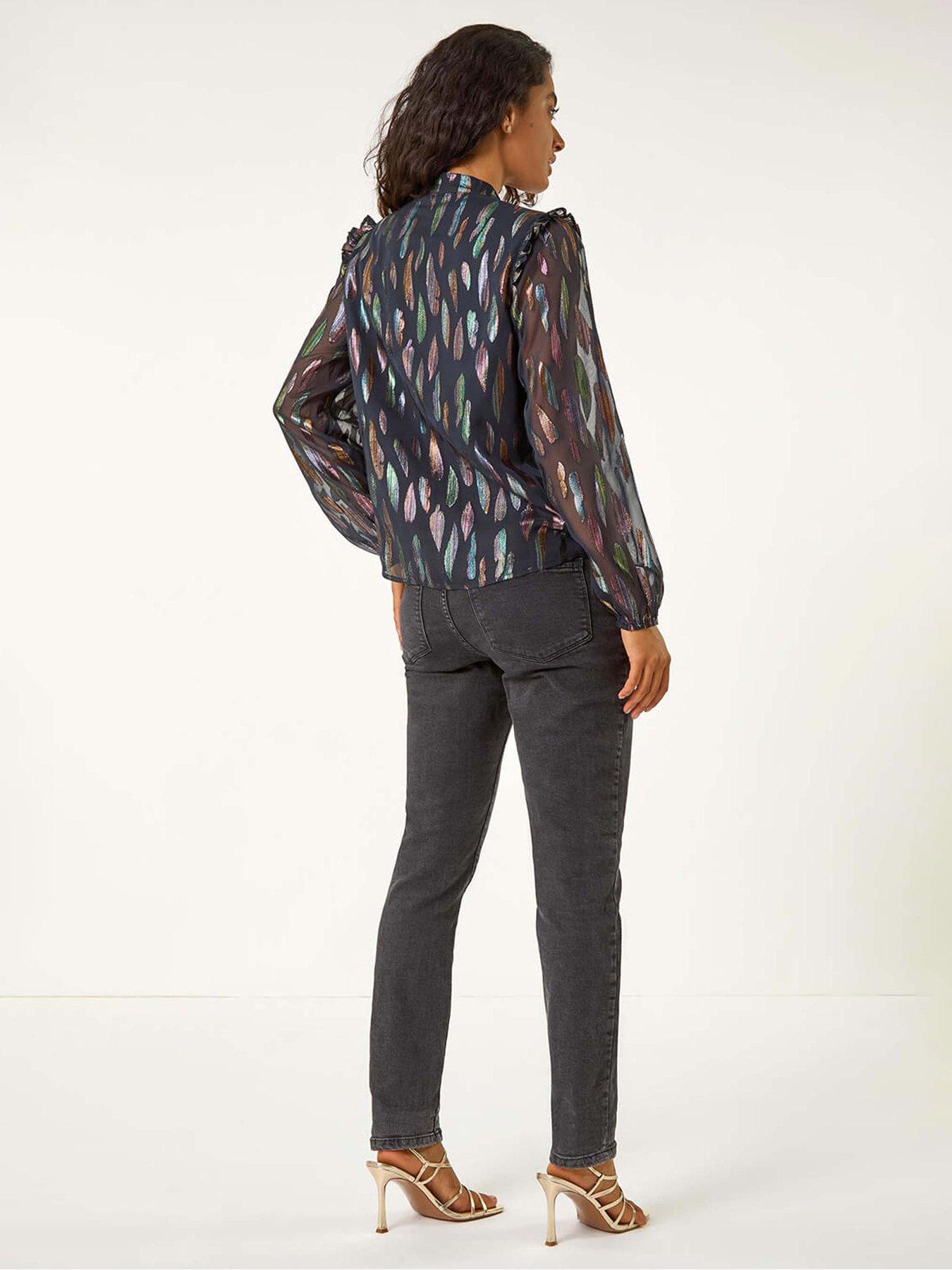  image of roman-dusk-foil-print-tie-front-neck-top-black