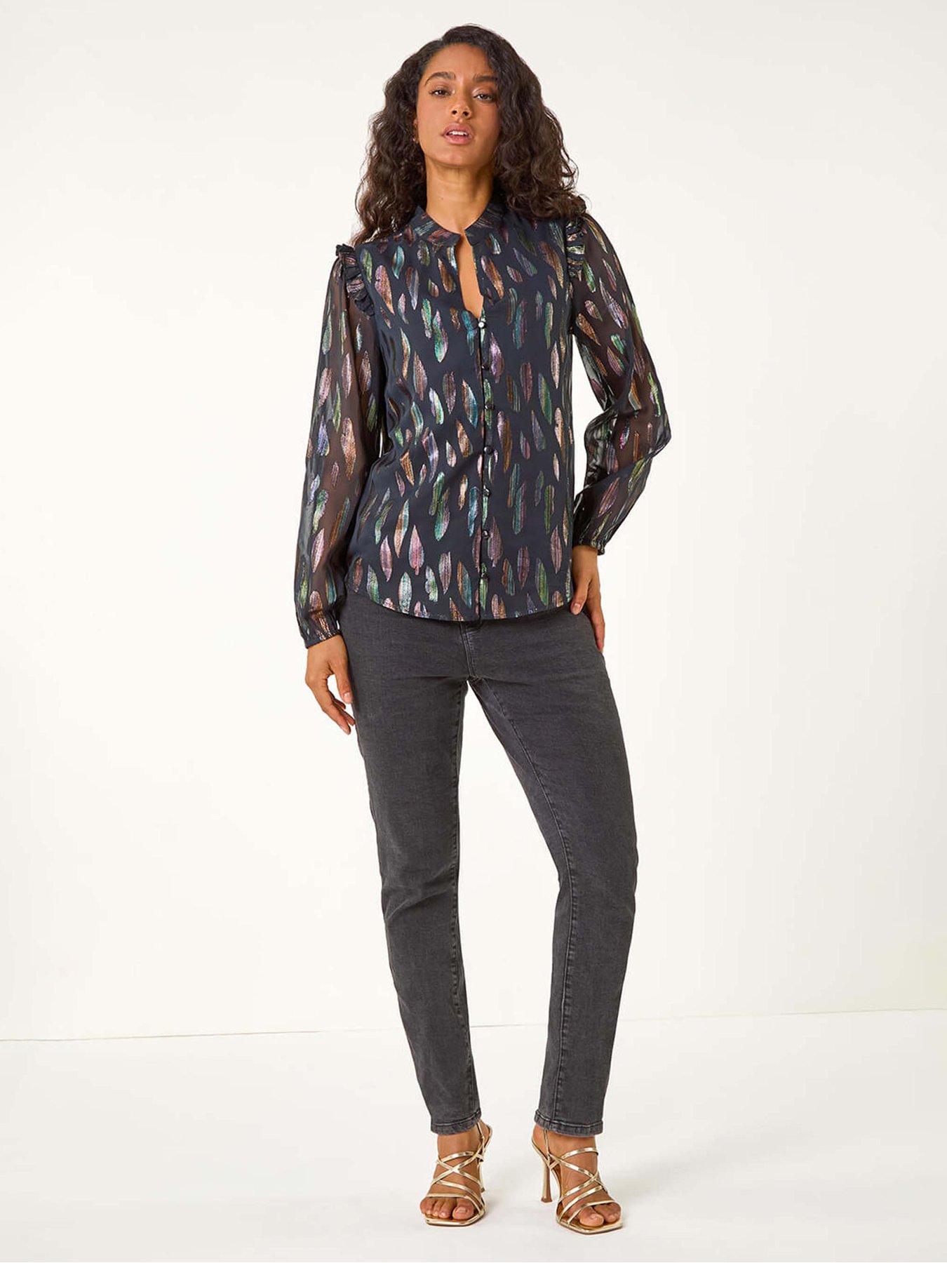  image of roman-dusk-foil-print-tie-front-neck-top-black