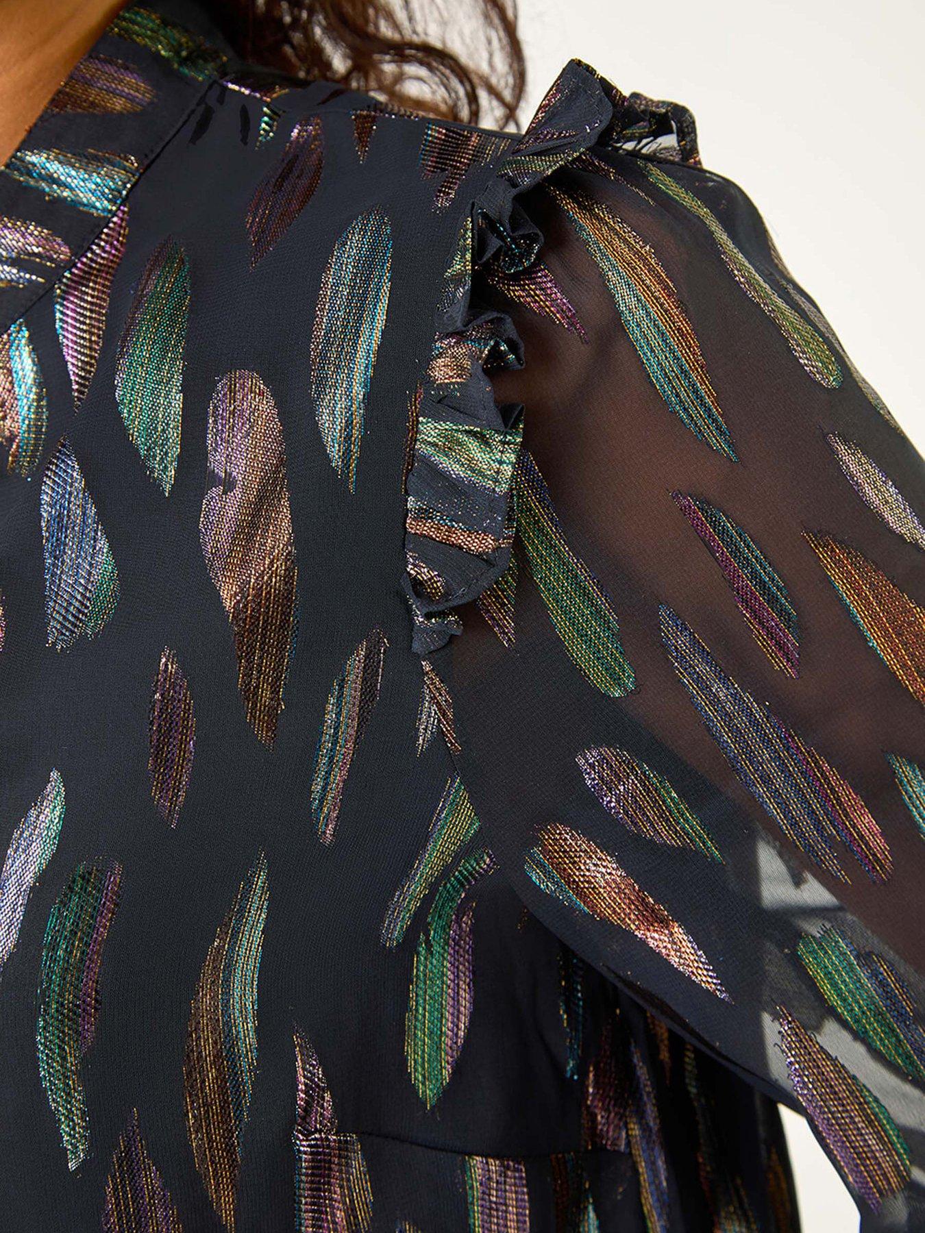  image of roman-dusk-foil-print-tie-front-neck-top-black