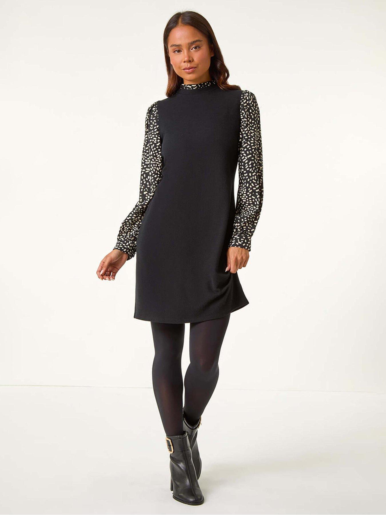 roman-petite-contrast-frill-neck-stretch-dress-black