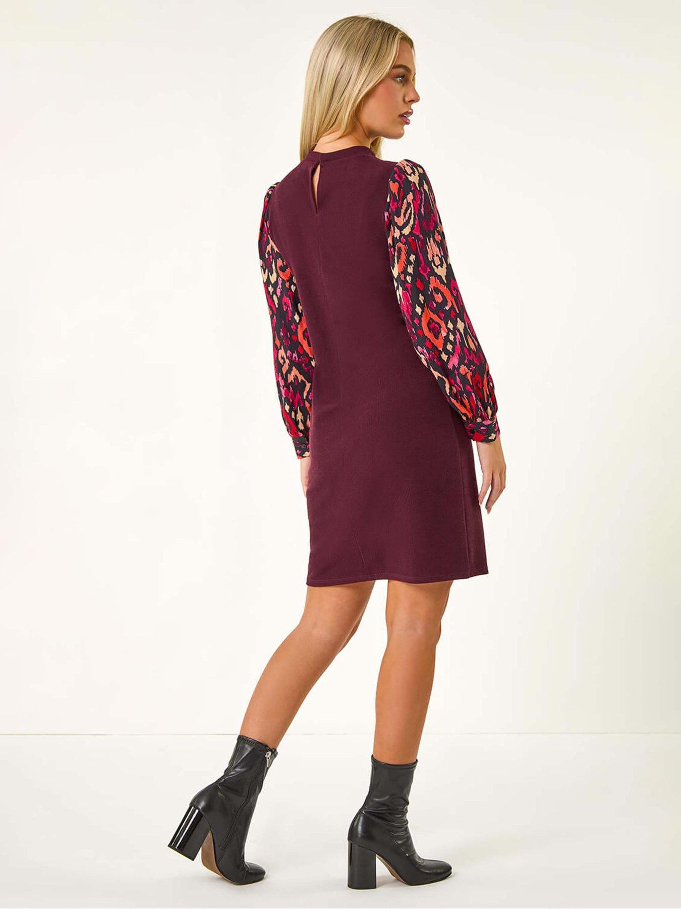 Image 2 of 5 of Roman Petite Contrast Print Stretch Shift Dress - Wine