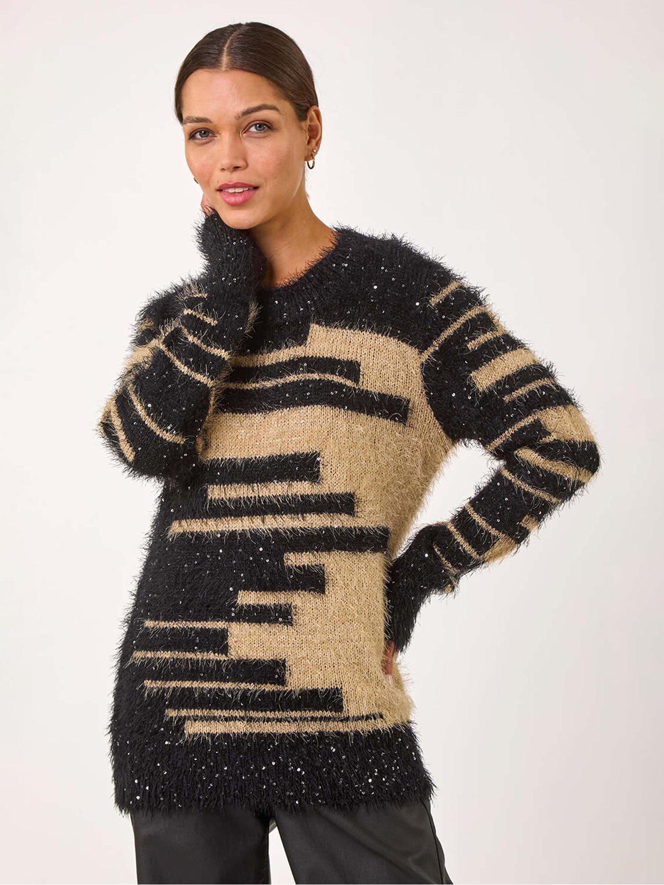  image of roman-fluffy-cut-stripe-knit-jumper-camel