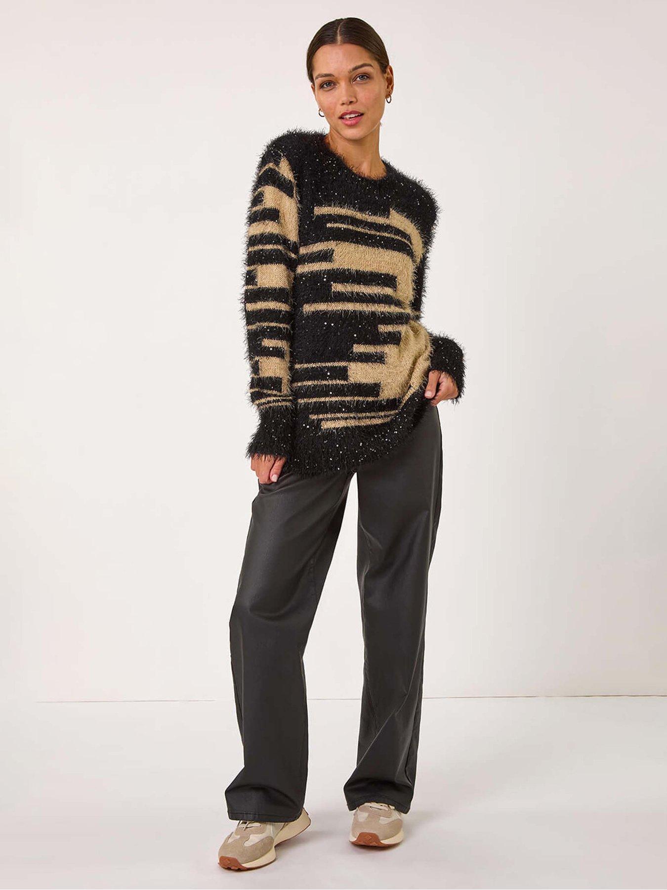  image of roman-fluffy-cut-stripe-knit-jumper-camel