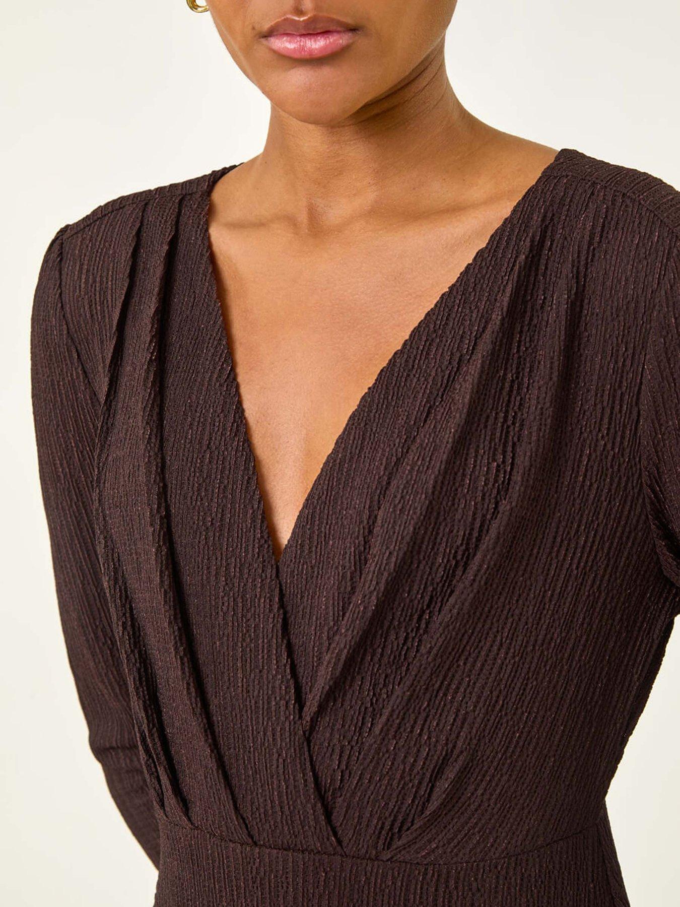 Image 5 of 5 of Roman Textured Wrap Midi Dress - Chocolate