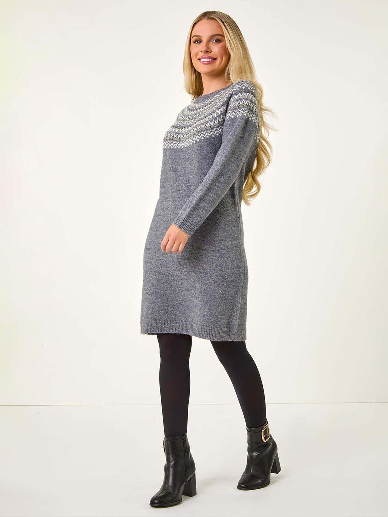 undefined Petite Fairisle Knit Jumper Dress - Grey