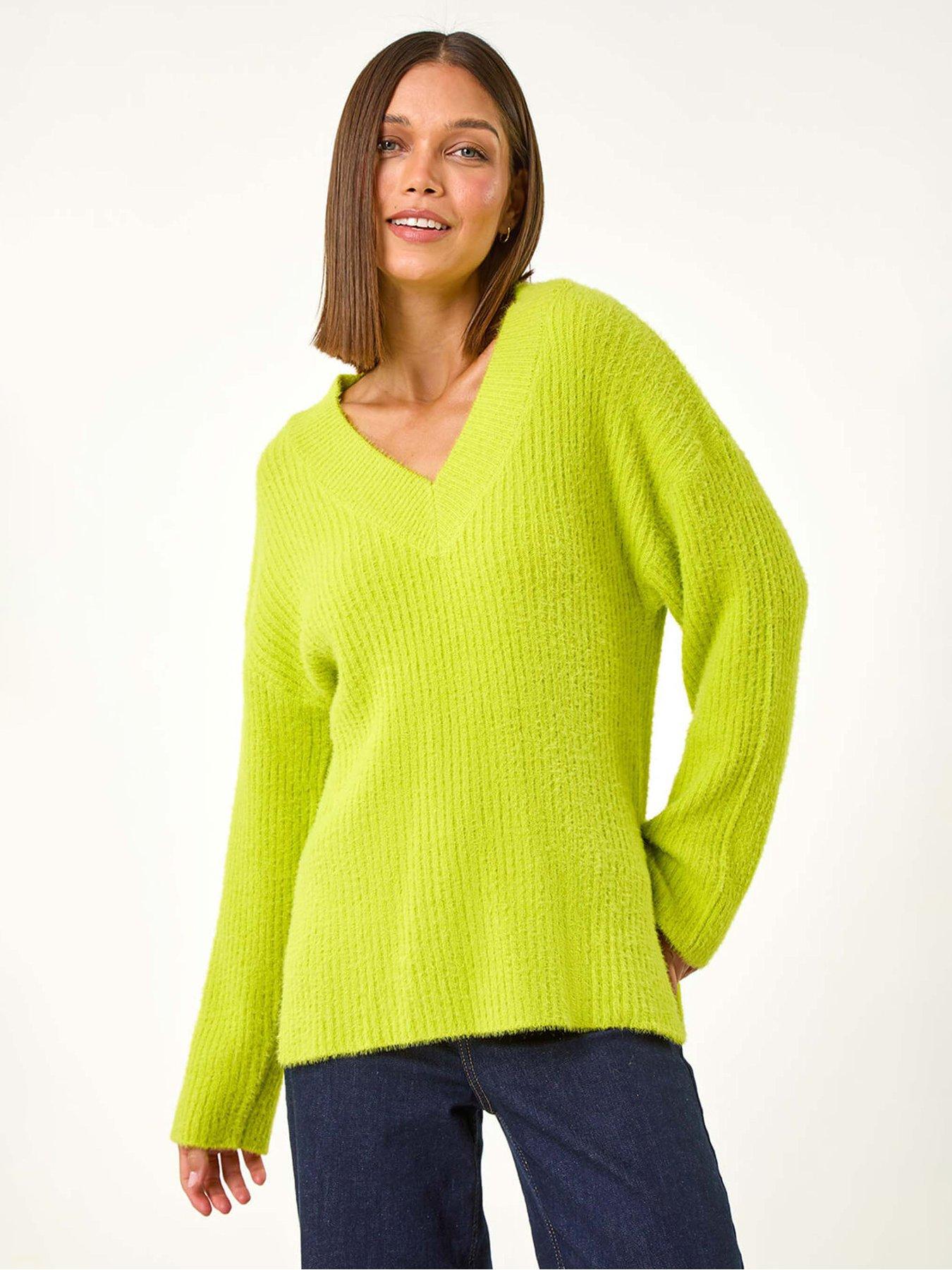 undefined V-neck Fluffy Knit Jumper - Lime