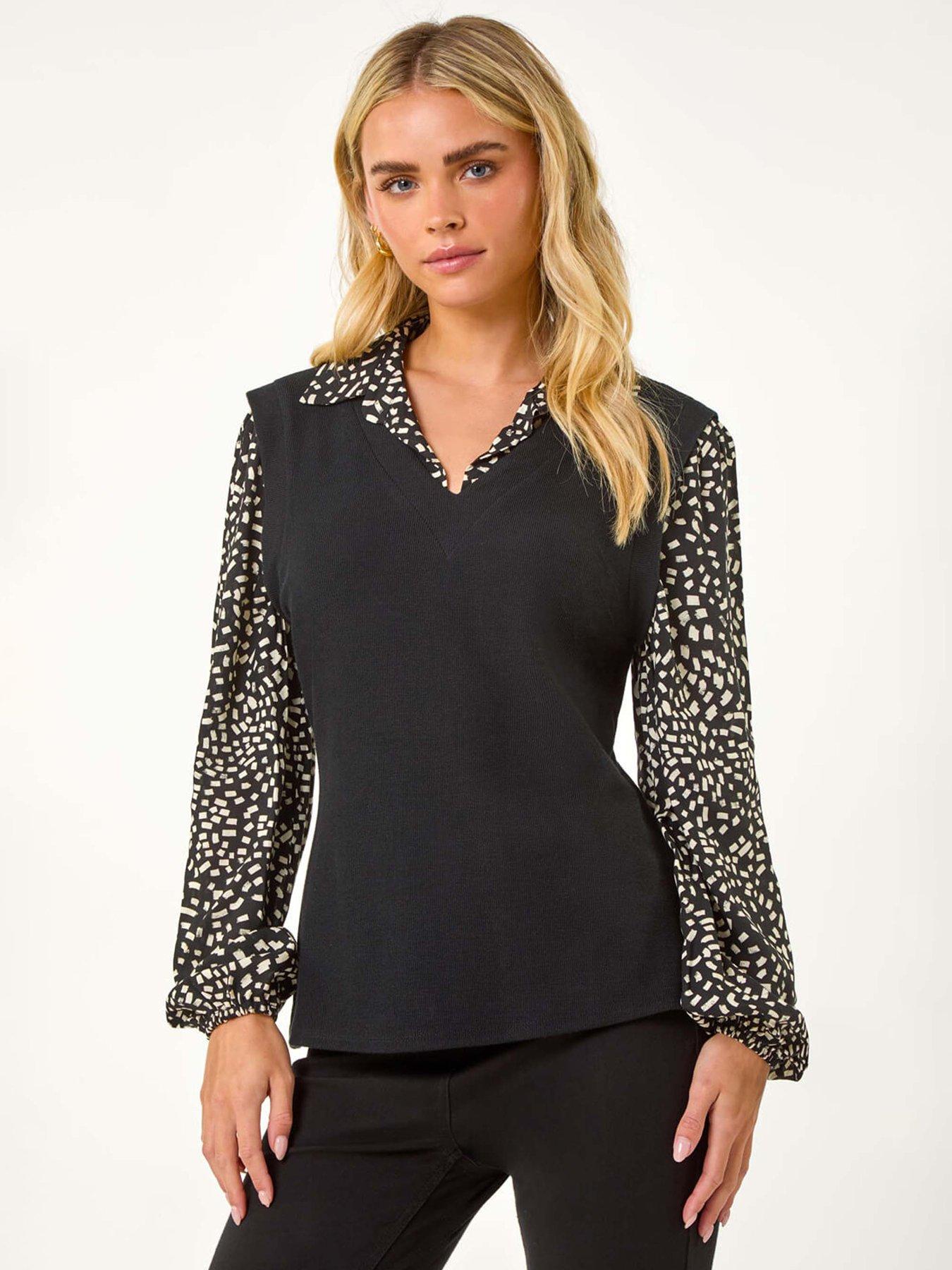 Roman Petite 2 In 1 Contrast V-neck Top - Black