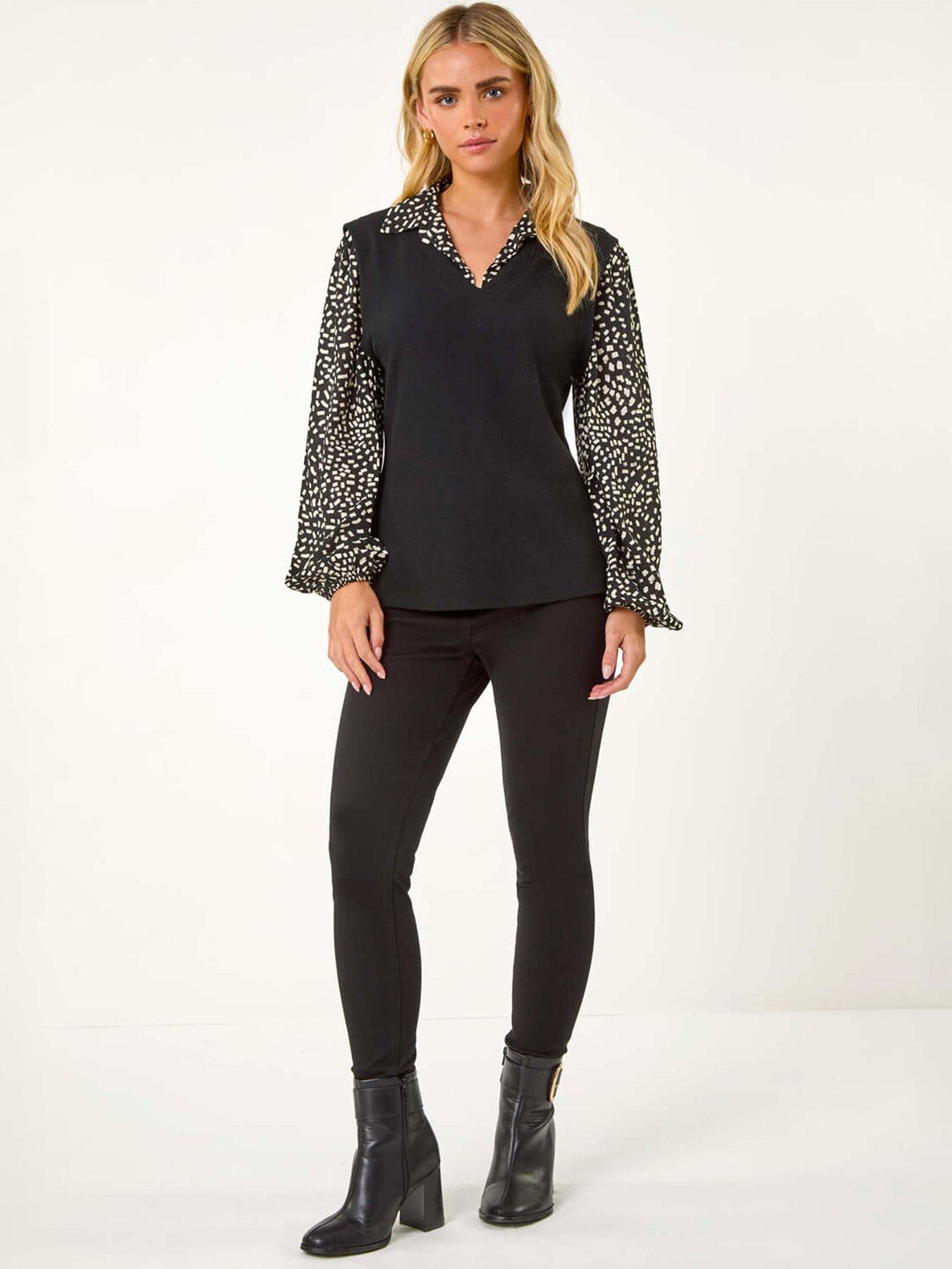 Image 3 of 5 of Roman Petite 2 In 1 Contrast V-neck Top - Black