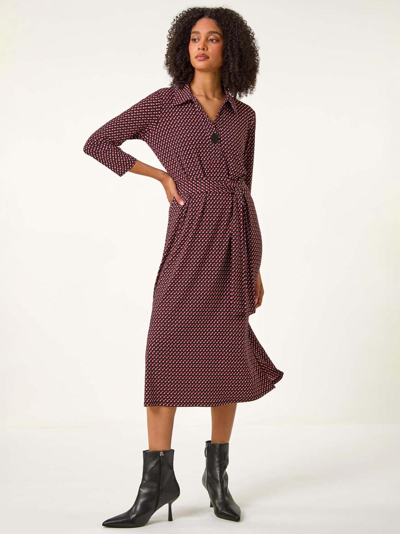 undefined Geometric Stretch Shirt Midi Dress - Red