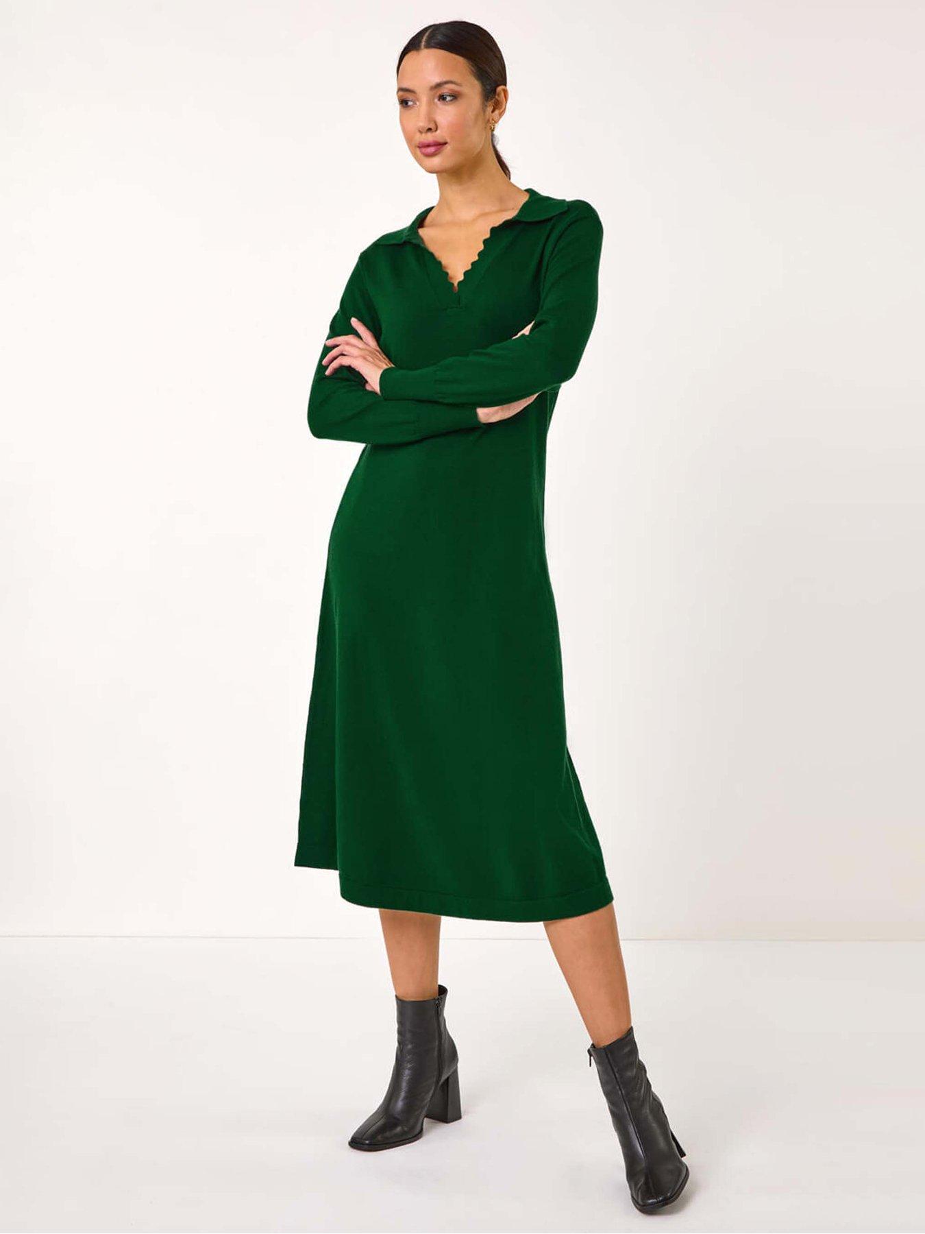 Image 1 of 5 of Roman Scallop Detail Knitted Midi Dress - Dark Green