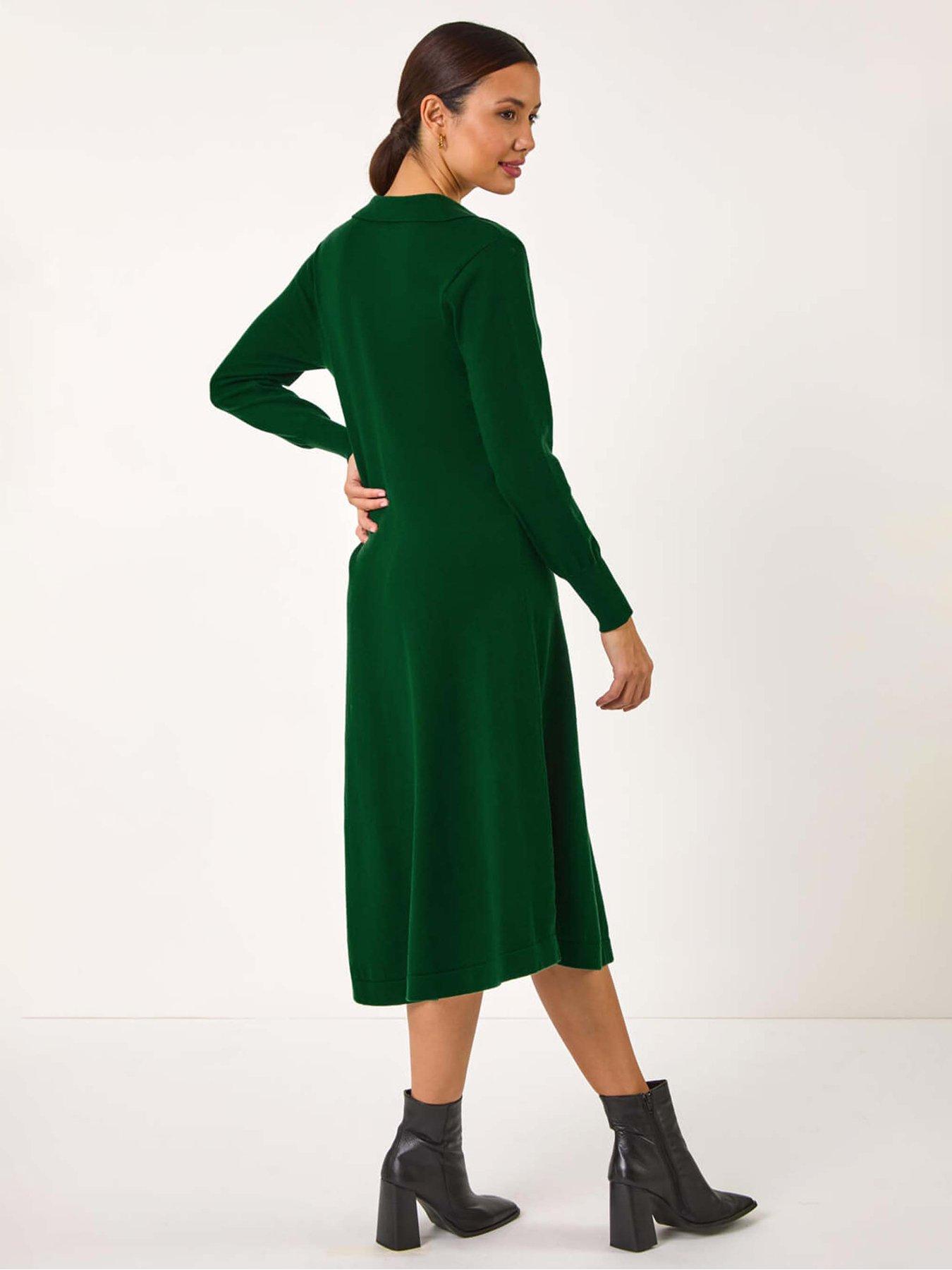 Image 2 of 5 of Roman Scallop Detail Knitted Midi Dress - Dark Green