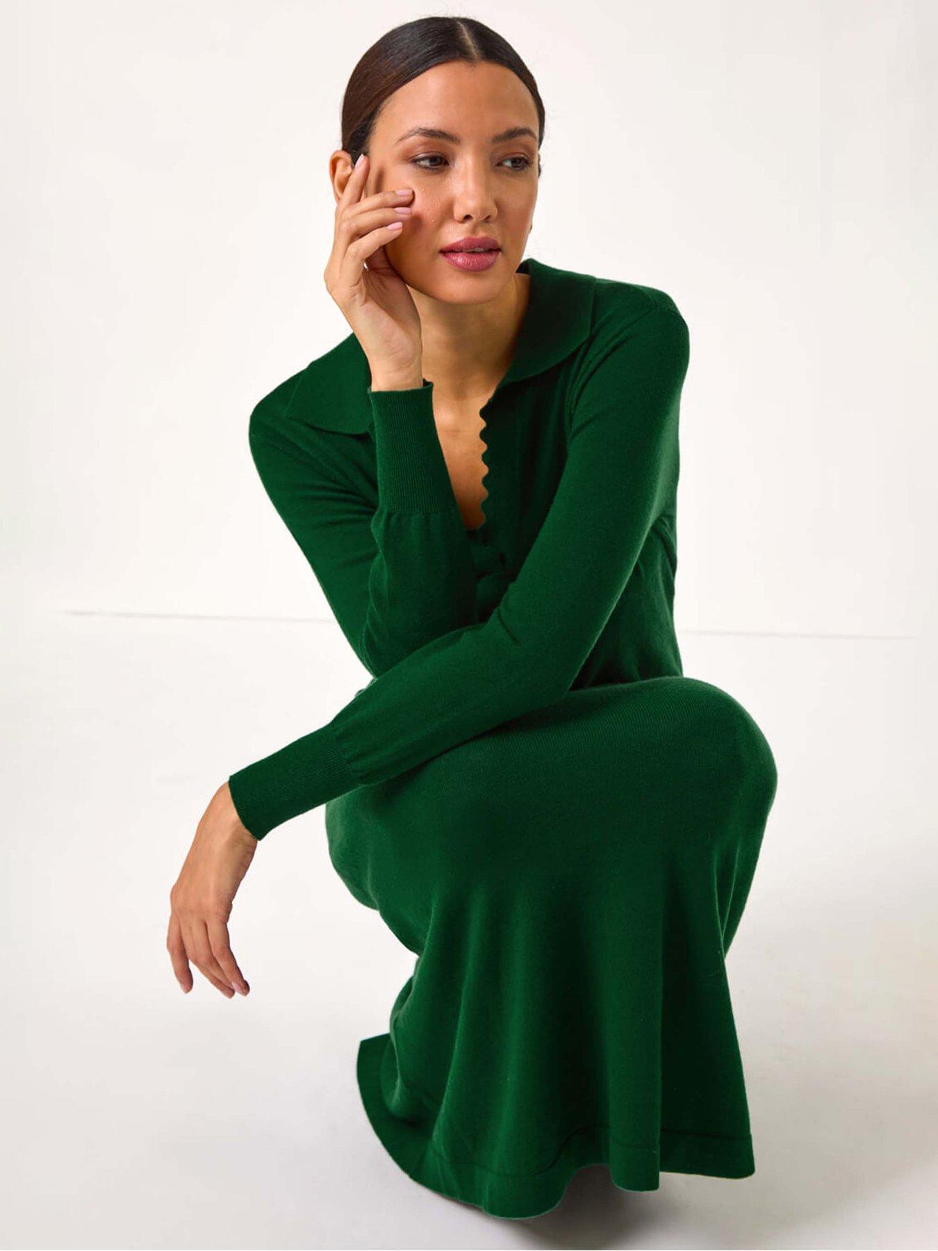 Image 4 of 5 of Roman Scallop Detail Knitted Midi Dress - Dark Green