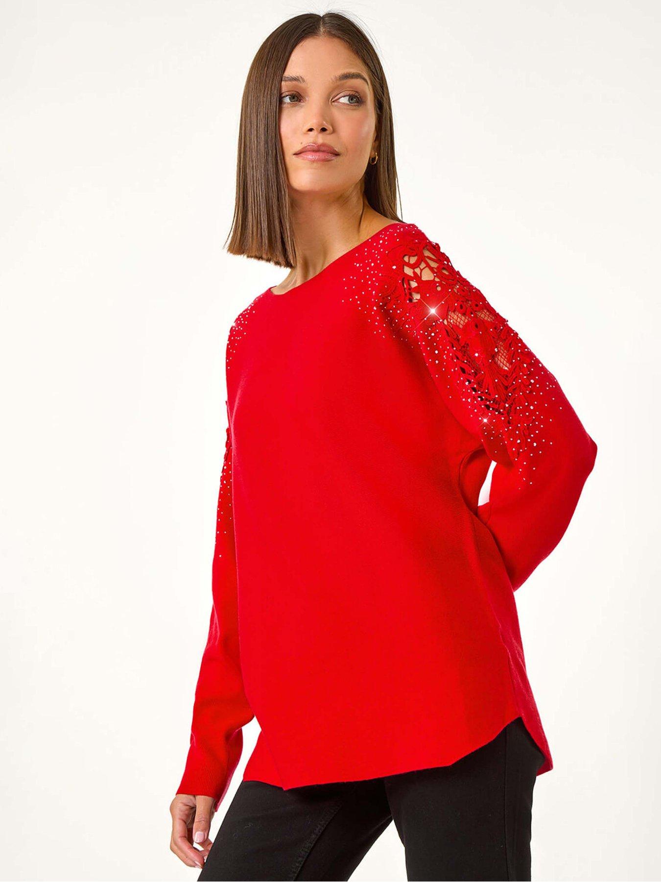 Image 1 of 5 of Roman Diamante Sleeve Knit Jumper - Red
