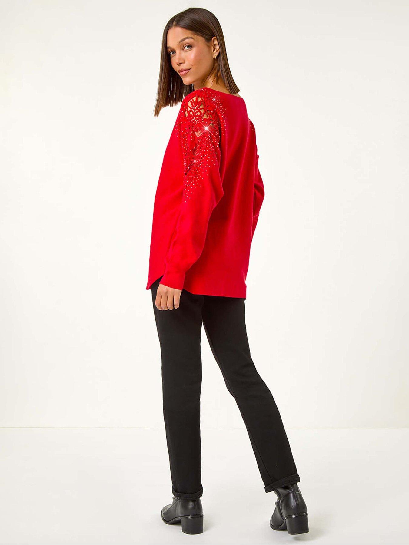 Image 2 of 5 of Roman Diamante Sleeve Knit Jumper - Red
