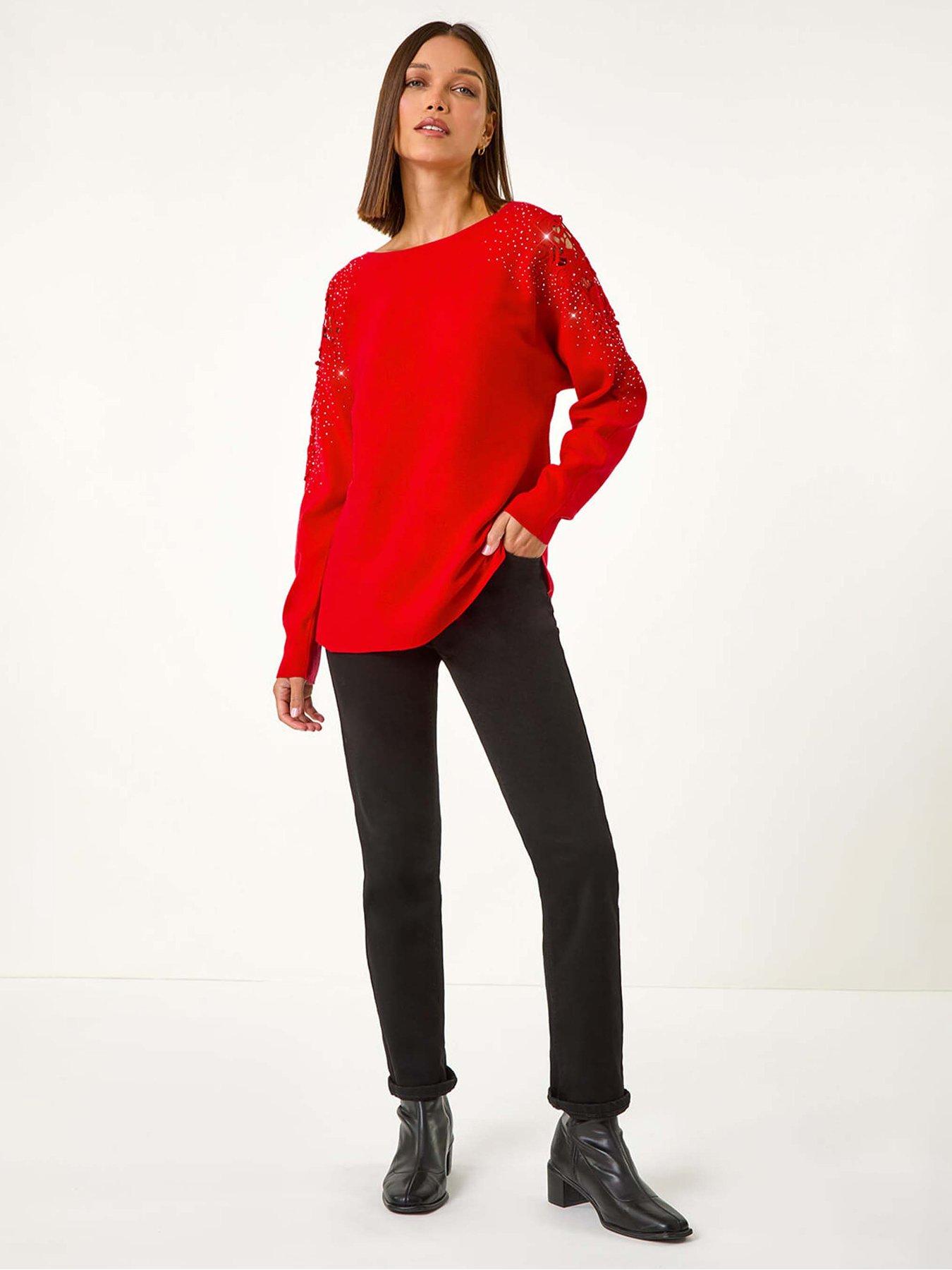 Image 3 of 5 of Roman Diamante Sleeve Knit Jumper - Red