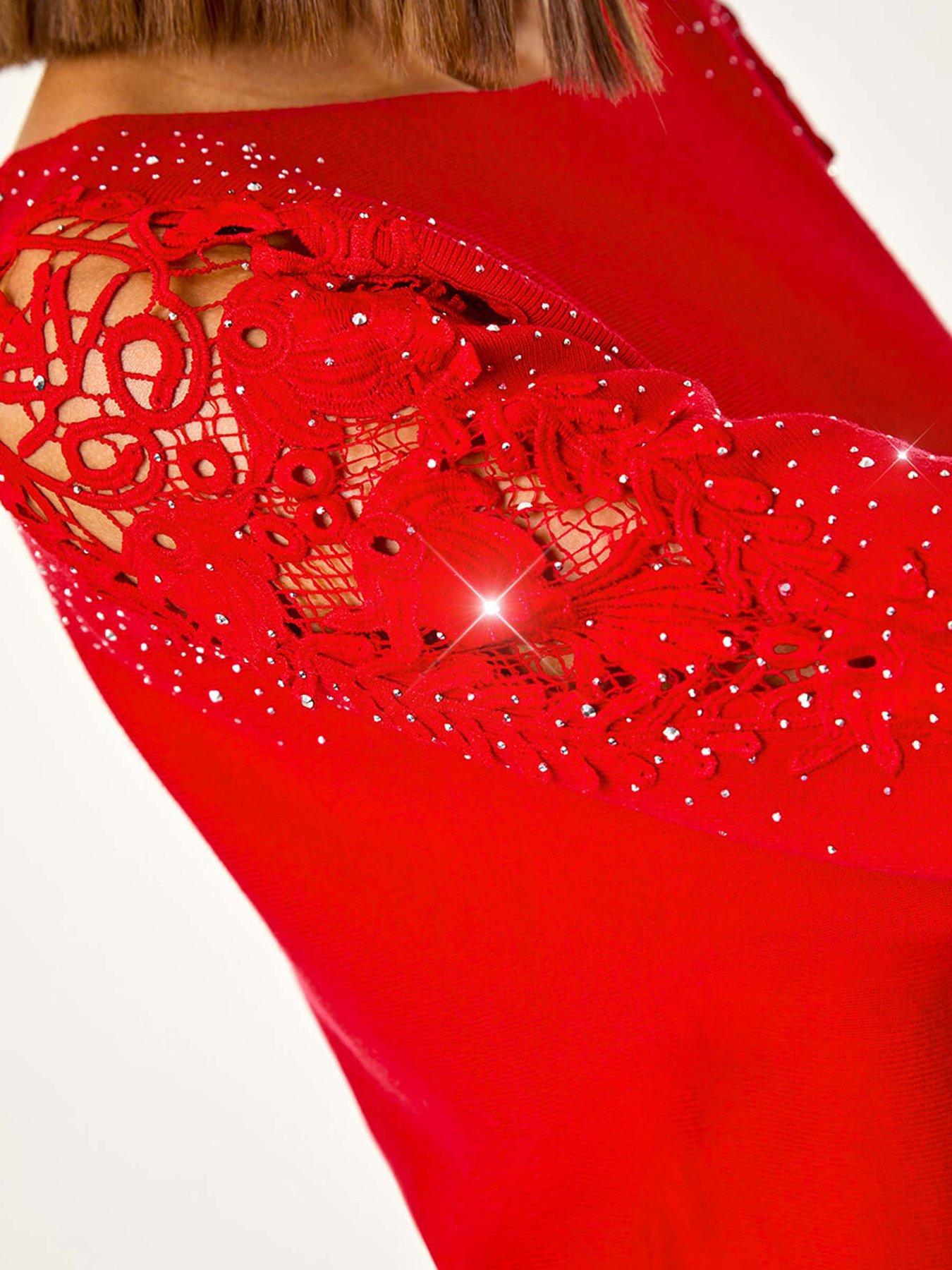 Image 5 of 5 of Roman Diamante Sleeve Knit Jumper - Red