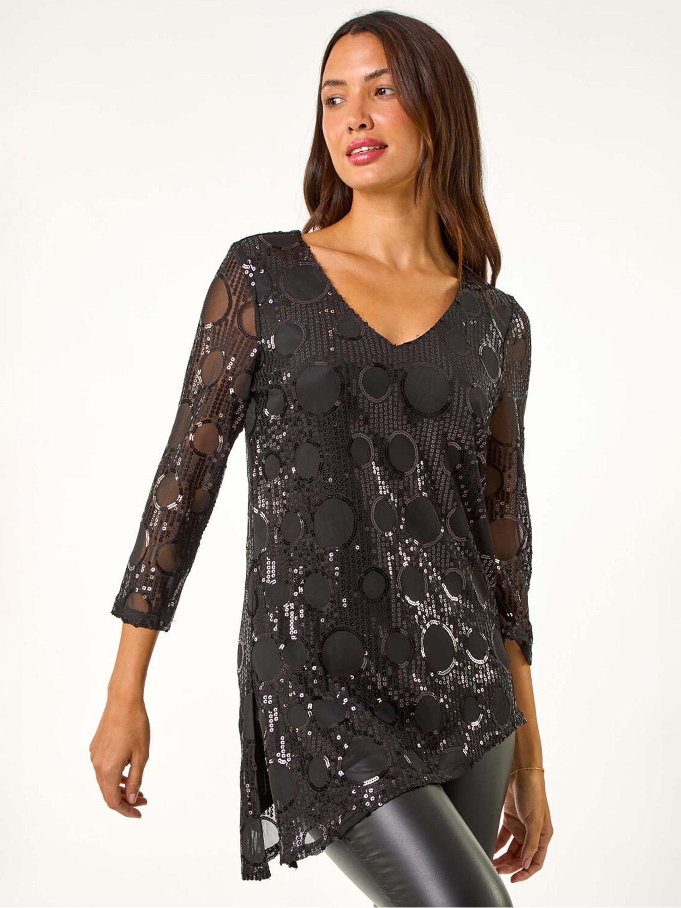 Roman Circle Sequin Asymmetric Top - Black