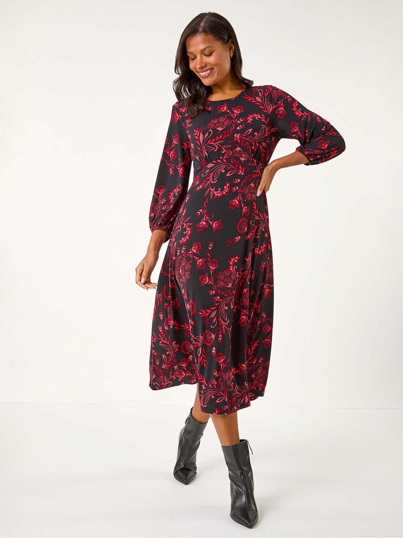 undefined Floral A-line Midi Dress - Red