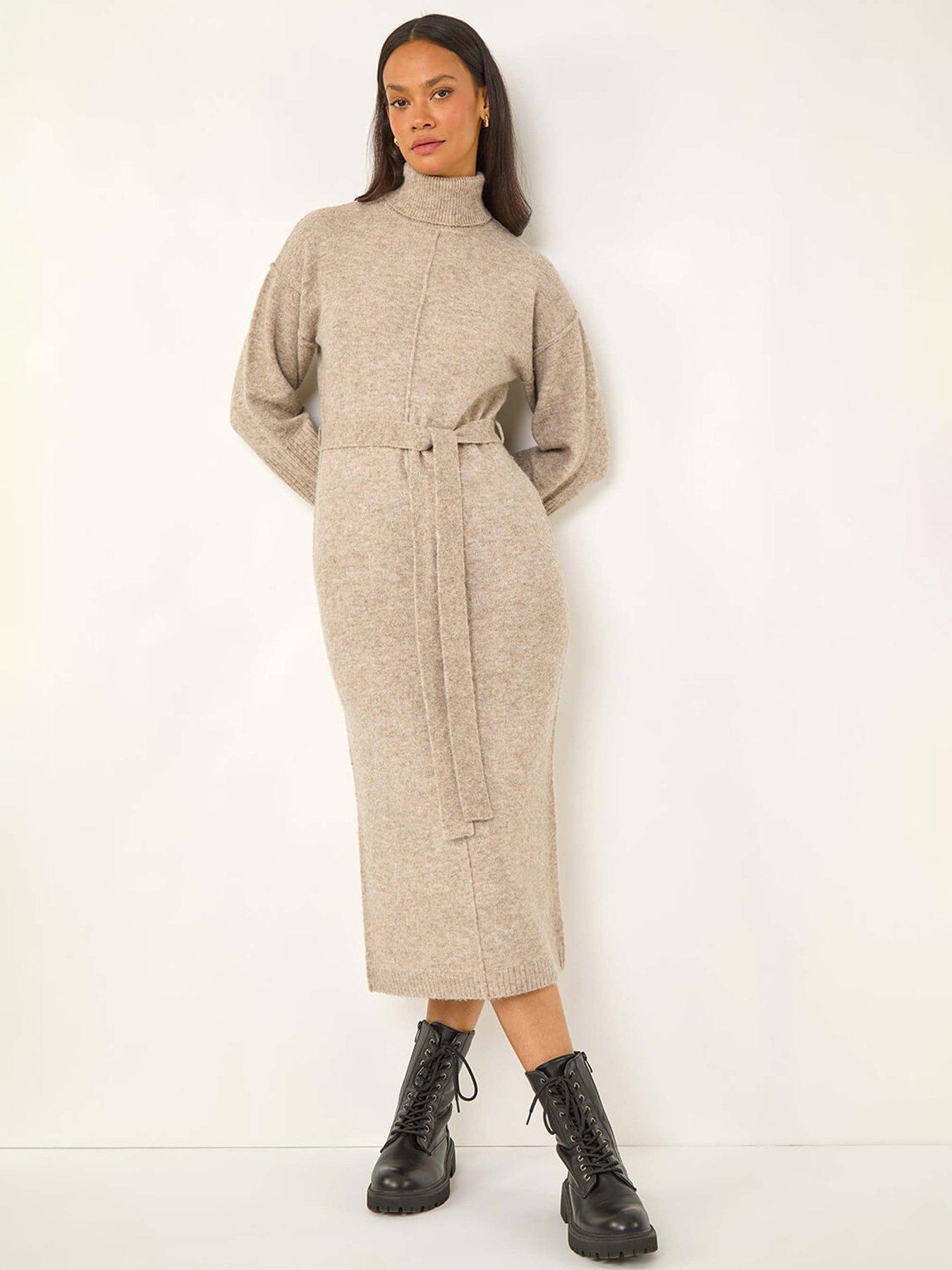Roman Dusk Belted Knit Midi Dress - Natural