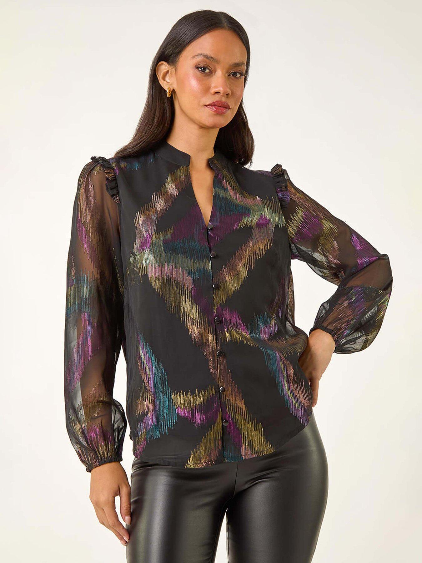 Roman Dusk Foil Frill Mesh Shirt - Black