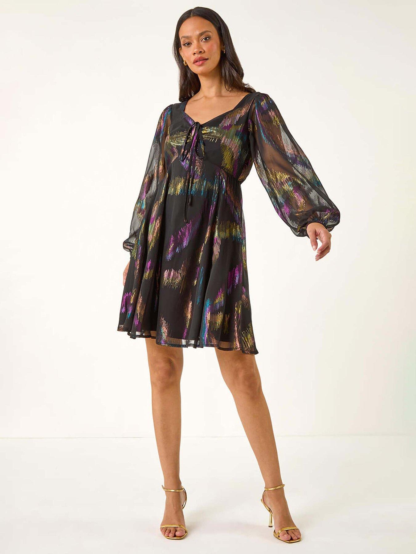 Image 1 of 5 of Roman Dusk Foil Print Tie Dress - Black