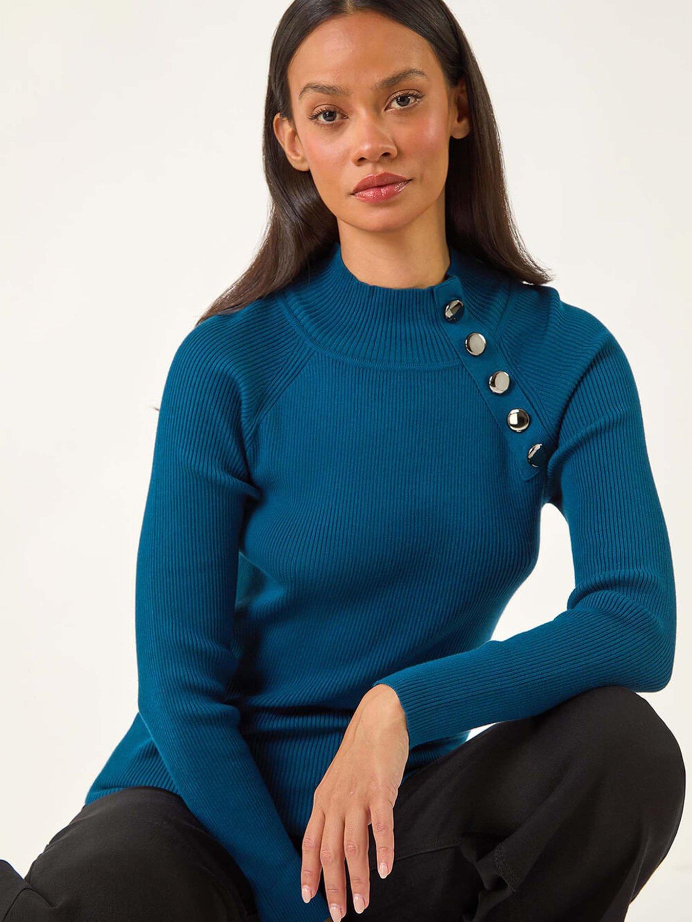  image of roman-dusk-high-neck-button-shoulder-jumper-teal
