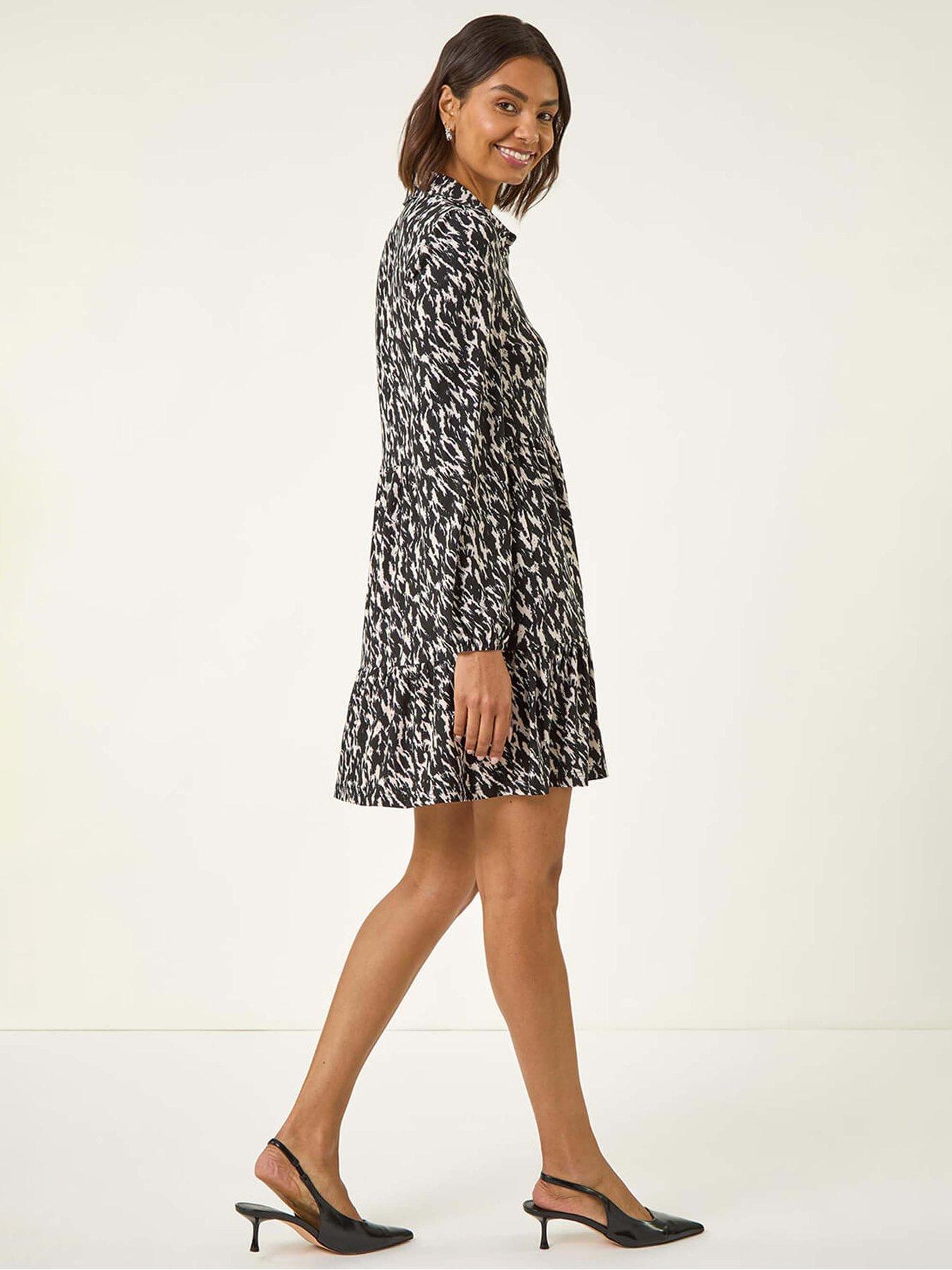 Image 2 of 5 of Roman Abstract Print Buttoned Stretch Dress - Black