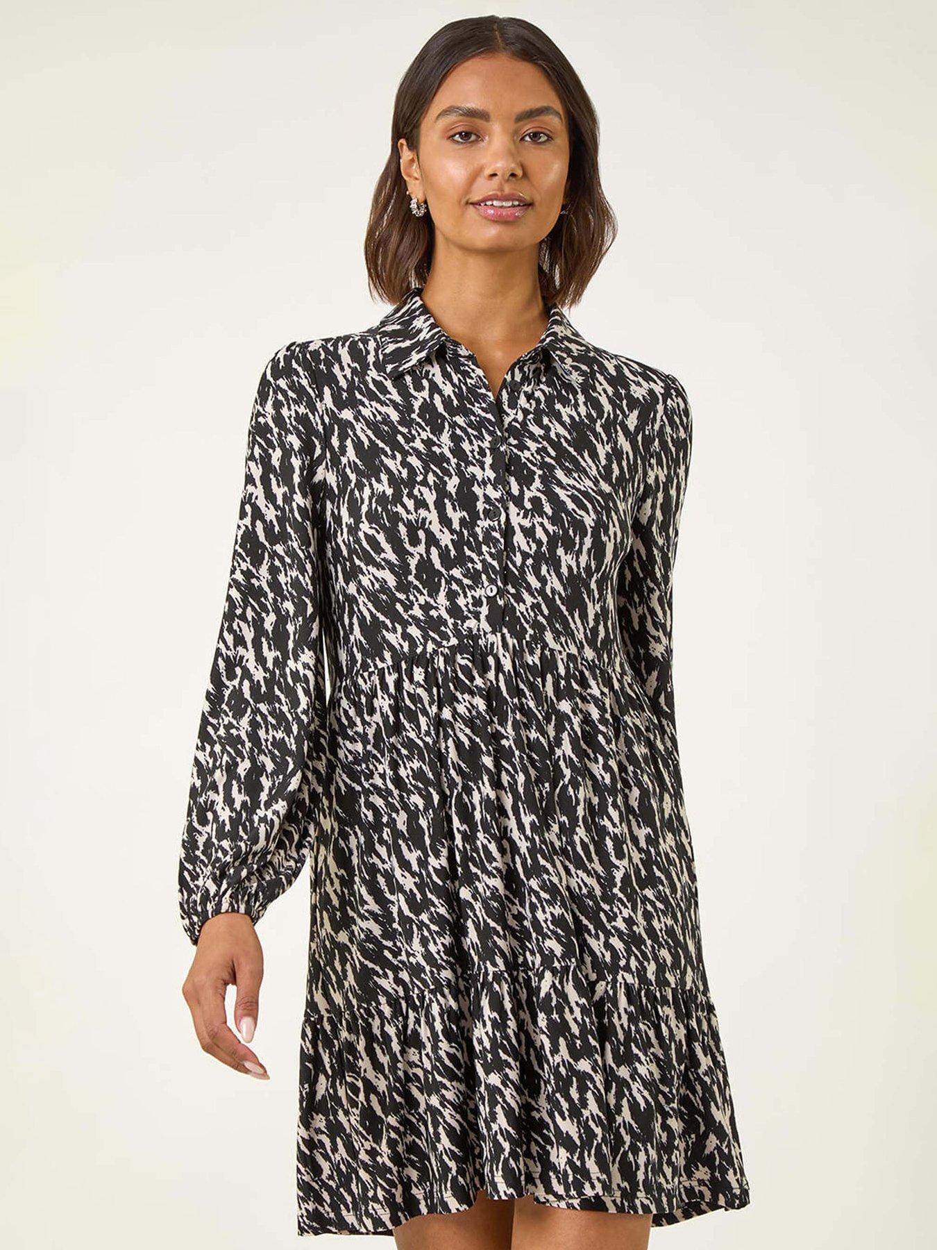 Image 3 of 5 of Roman Abstract Print Buttoned Stretch Dress - Black