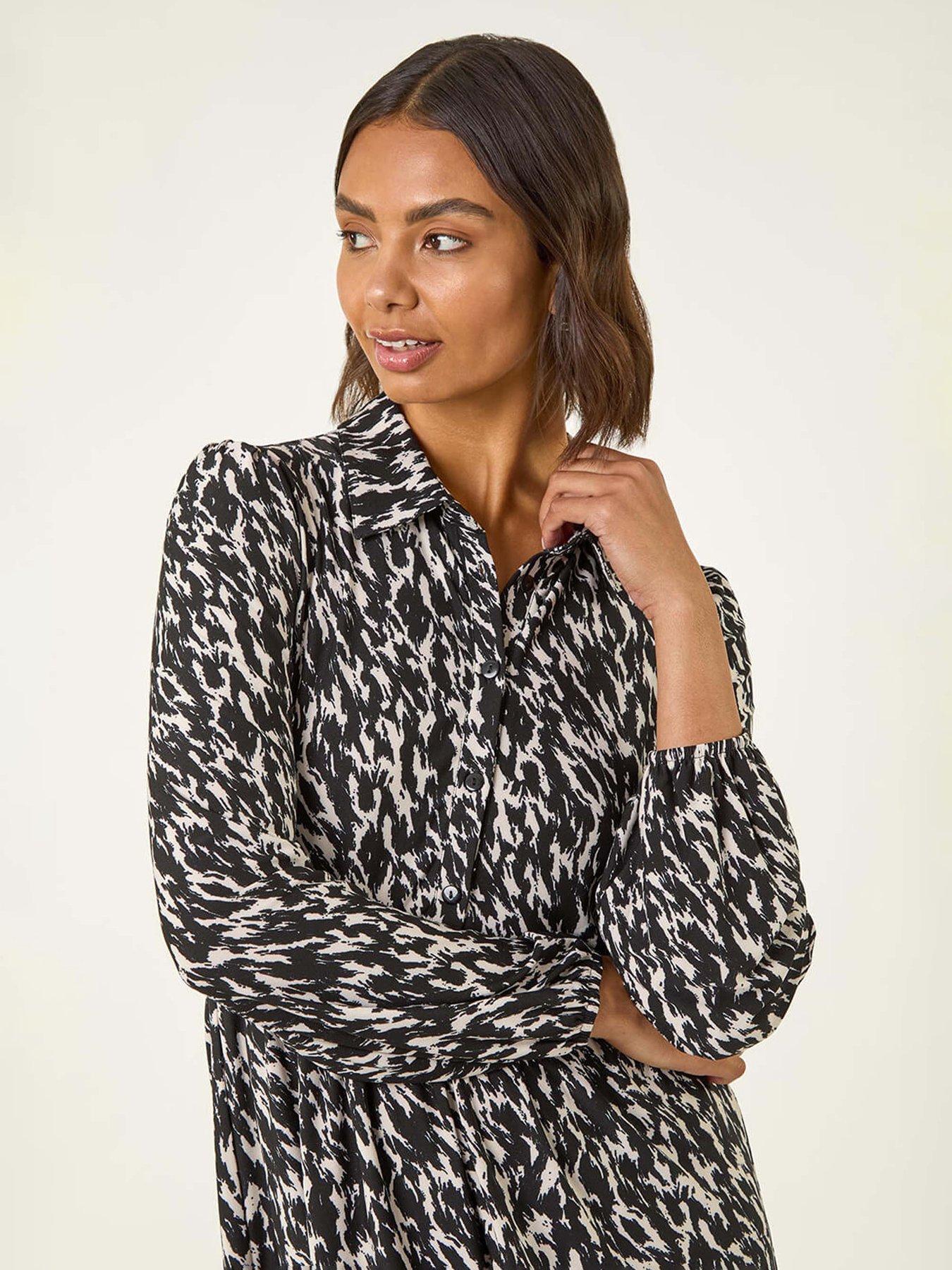 Image 4 of 5 of Roman Abstract Print Buttoned Stretch Dress - Black