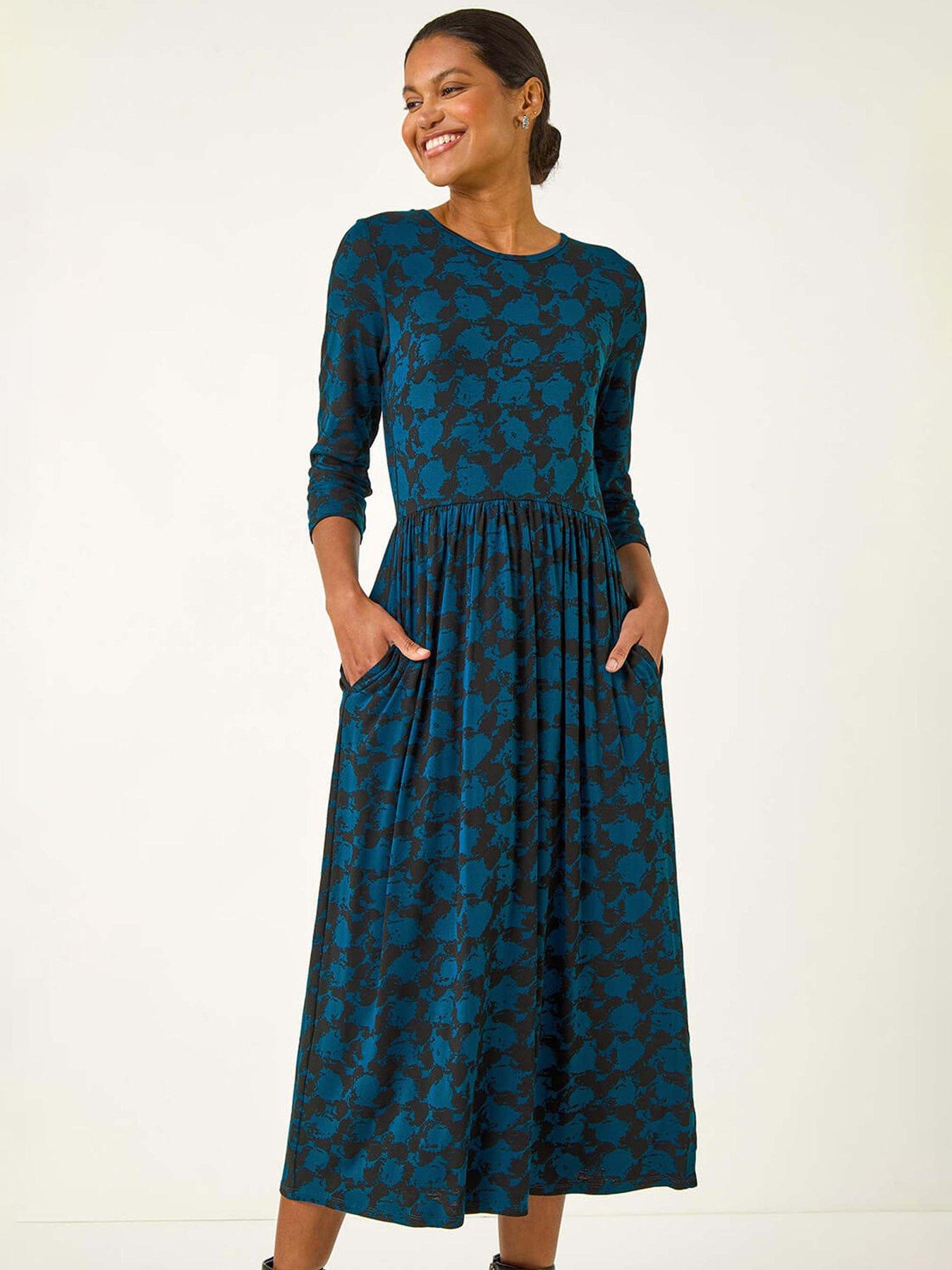 undefined Abstract Print Gathered Stretch Midi Dress - Teal