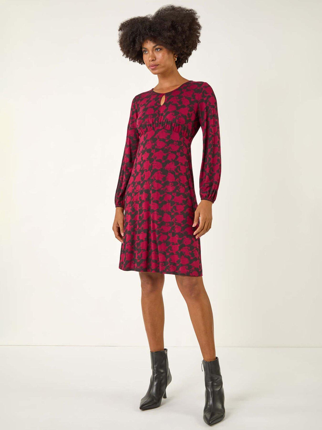 Roman Abstract Print Key Hole Stretch Dress - Wine