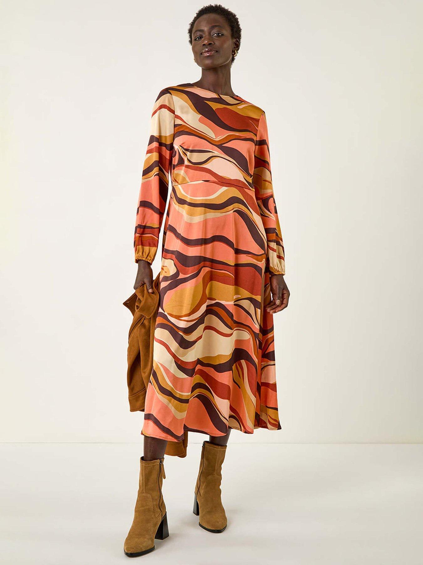 Image 1 of 5 of Roman Abstract Print Midi Dress - Orange