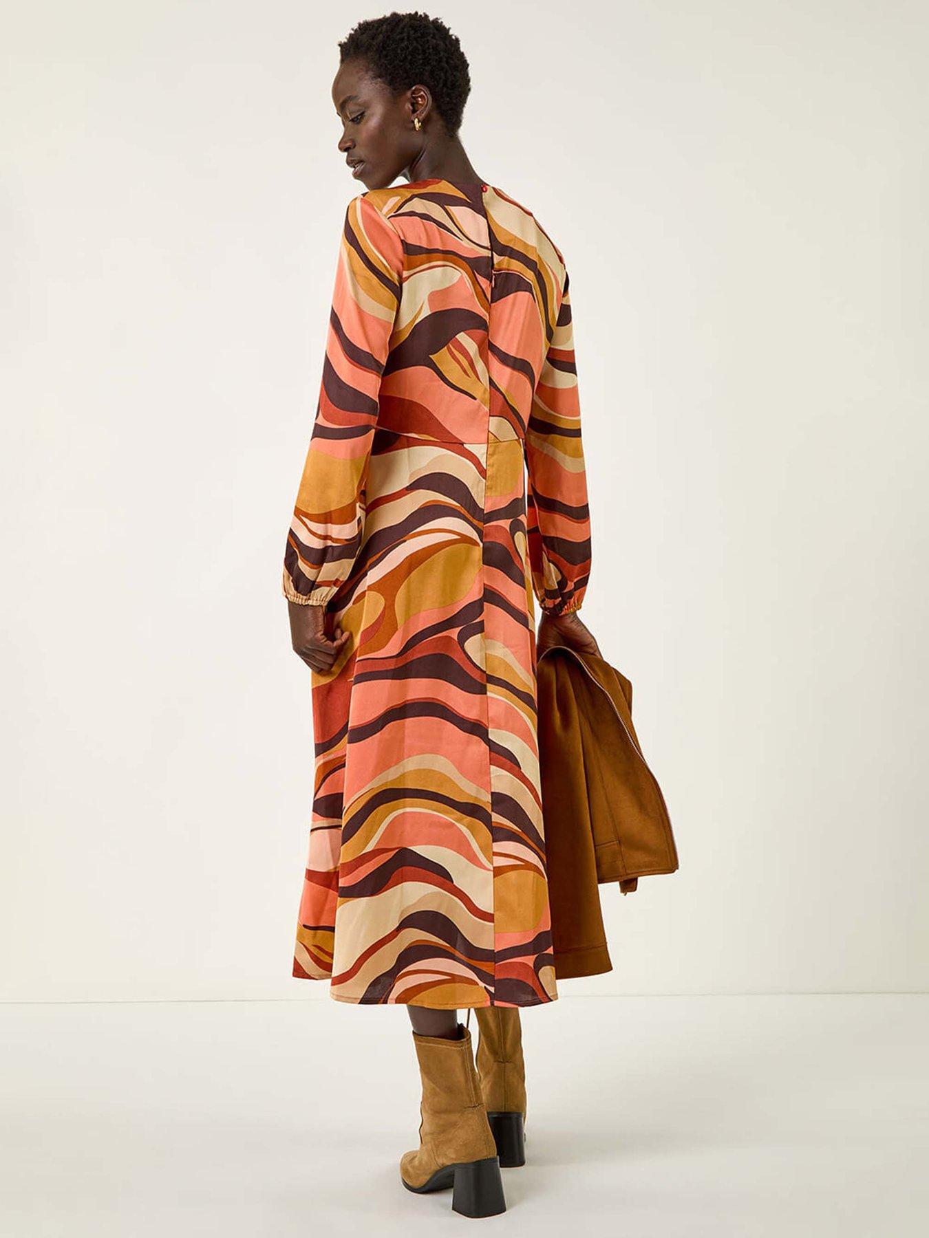Image 2 of 5 of Roman Abstract Print Midi Dress - Orange