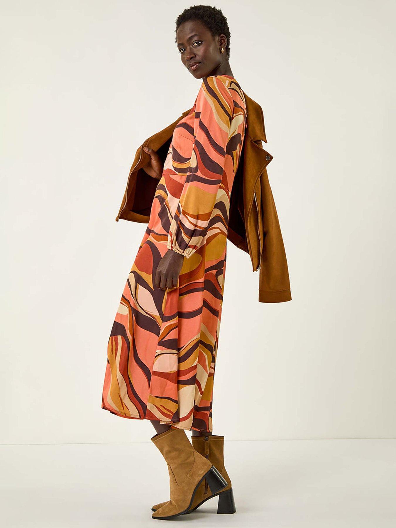 Image 3 of 5 of Roman Abstract Print Midi Dress - Orange