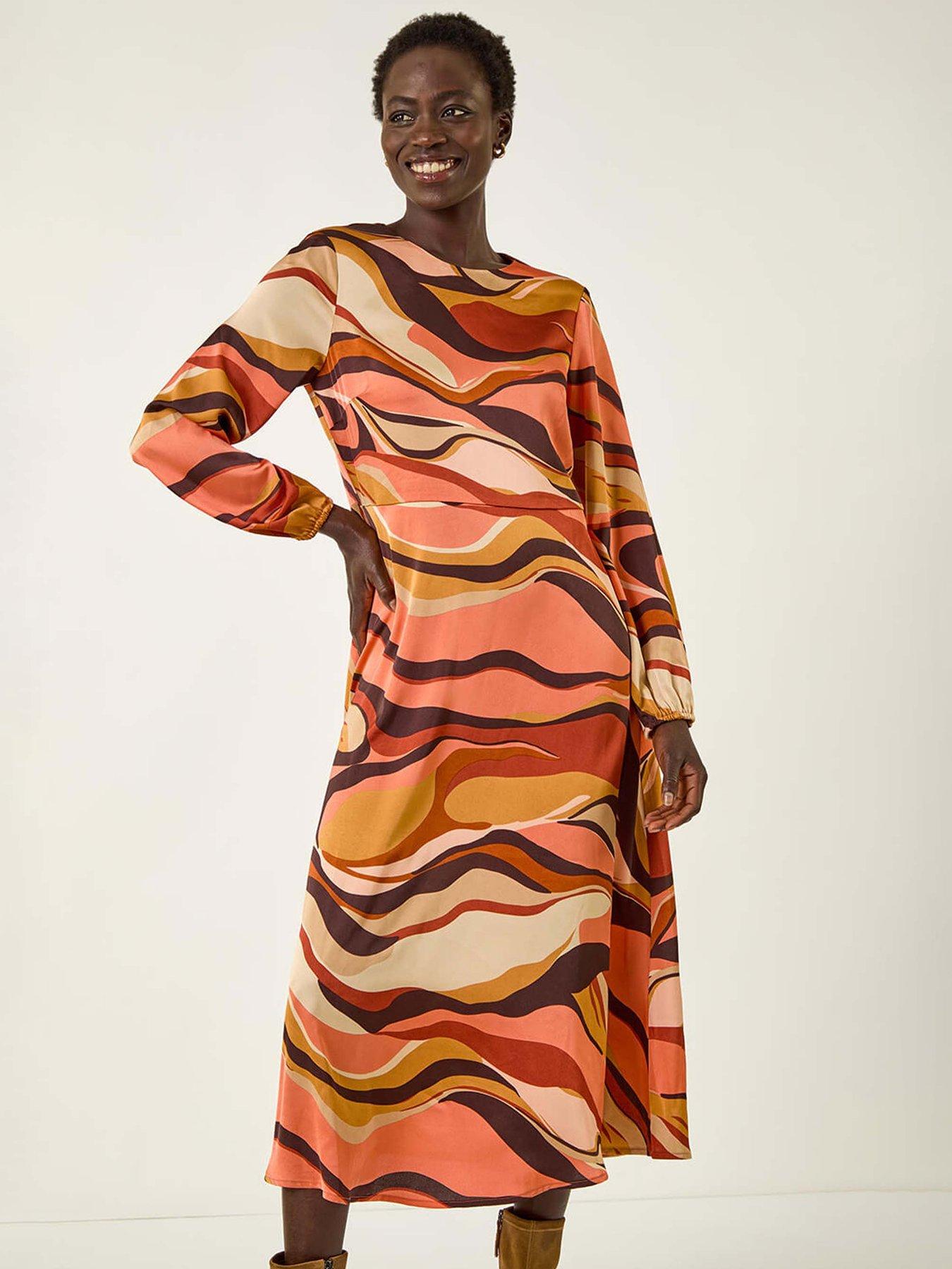 Image 4 of 5 of Roman Abstract Print Midi Dress - Orange