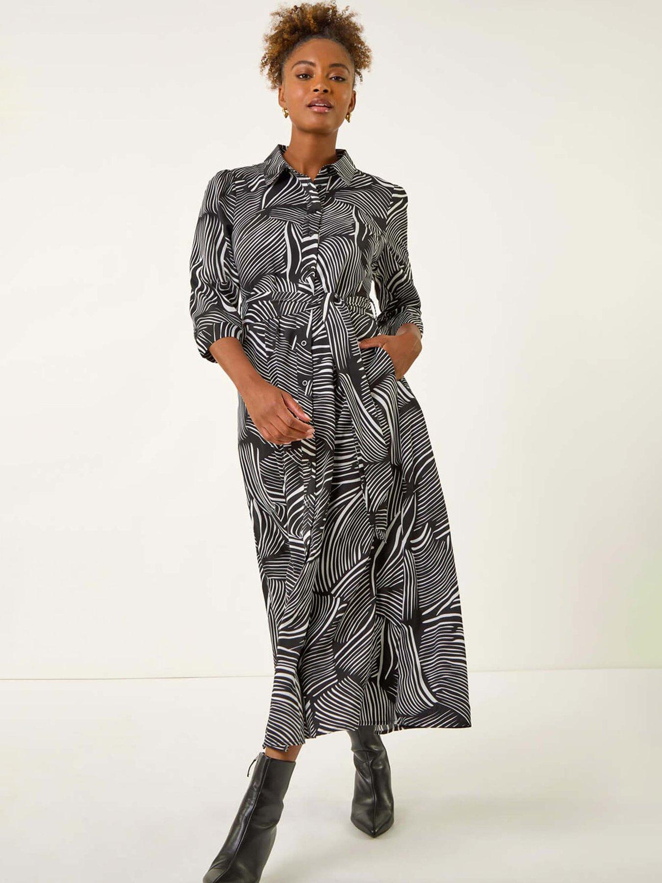 undefined Abstract Print Midi Shirt Dress - Black