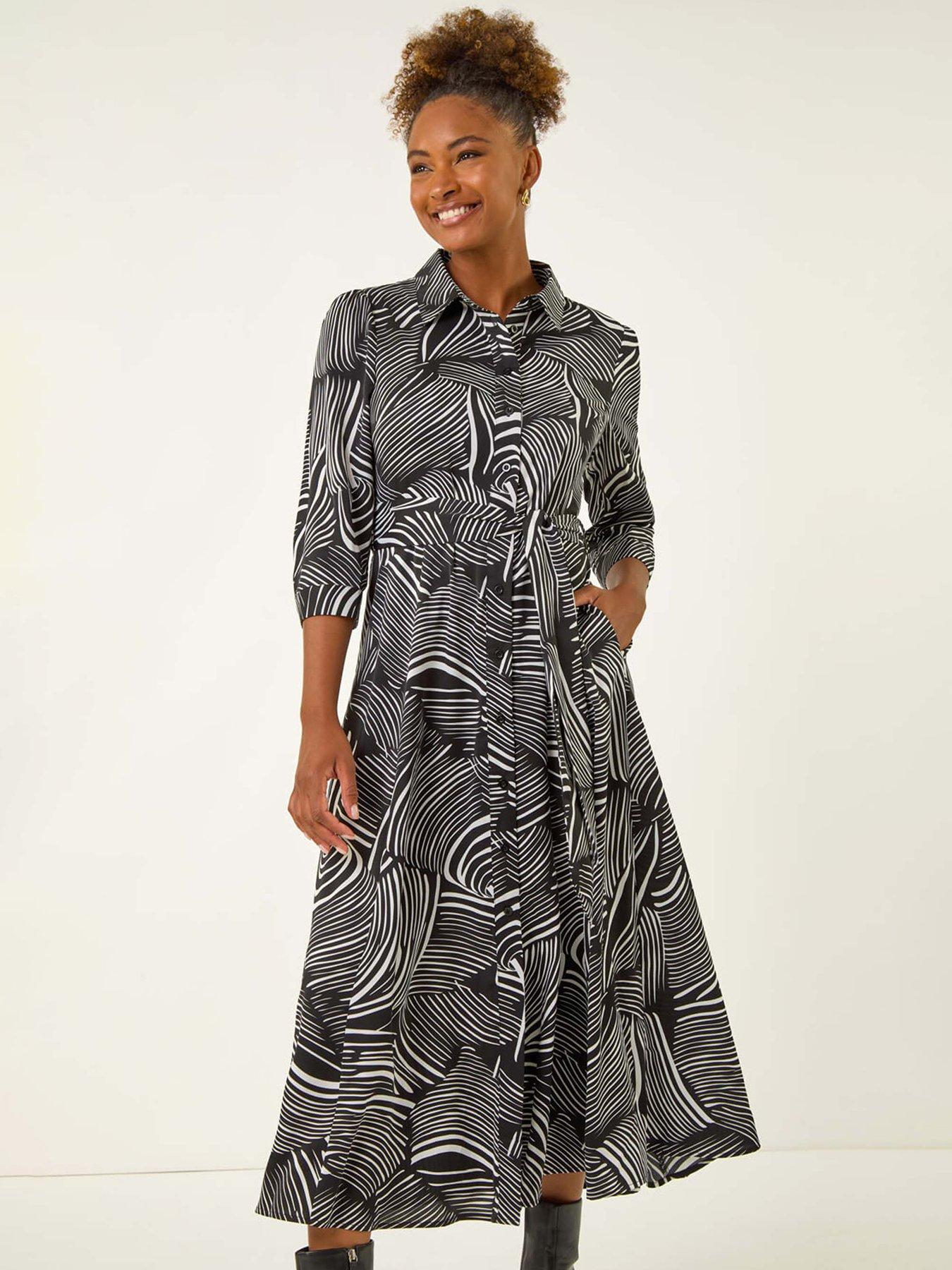 Image 3 of 5 of Roman Abstract Print Midi Shirt Dress - Black
