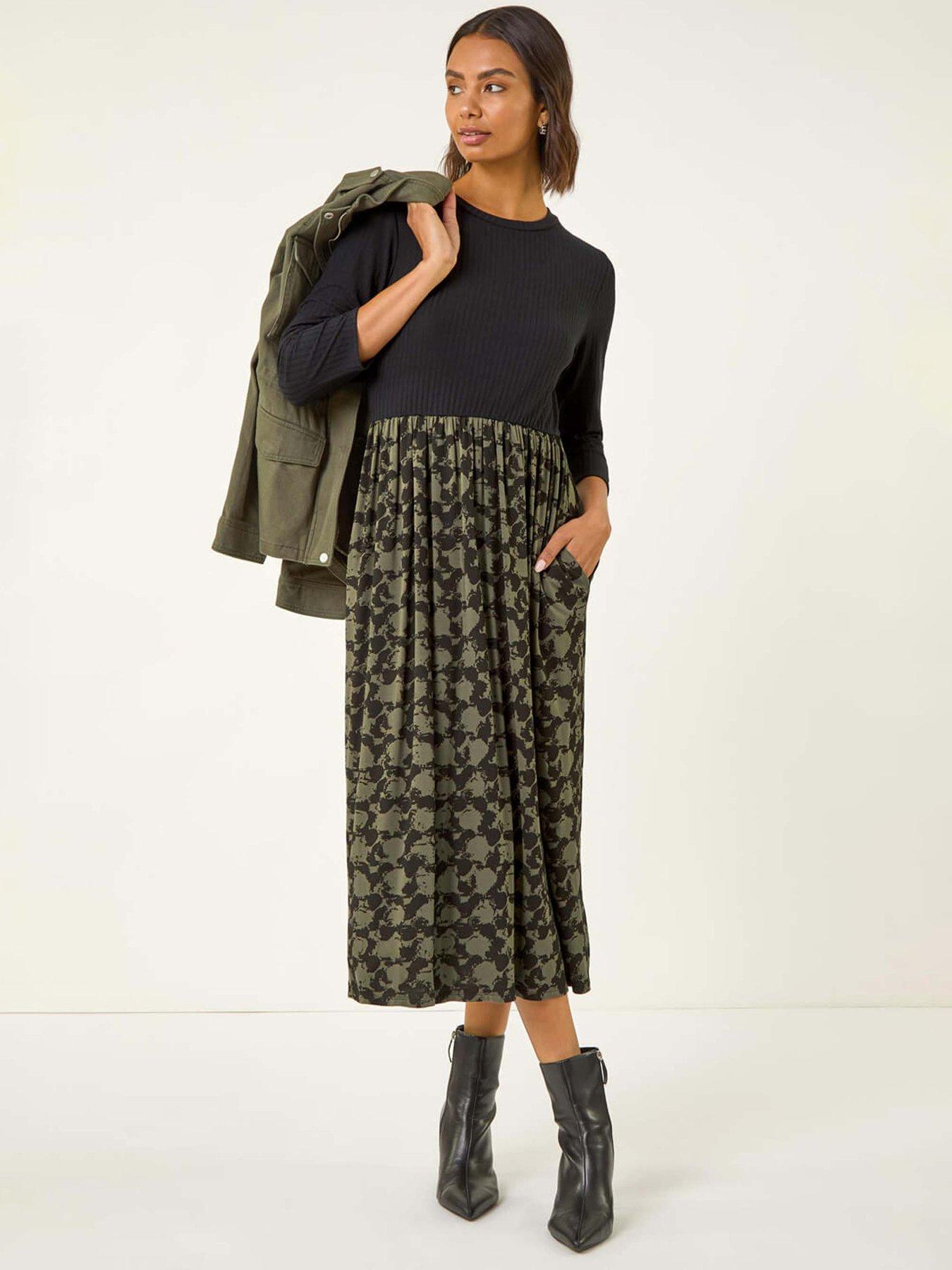 Roman Abstract Print Midi Stretch Dress - Khaki