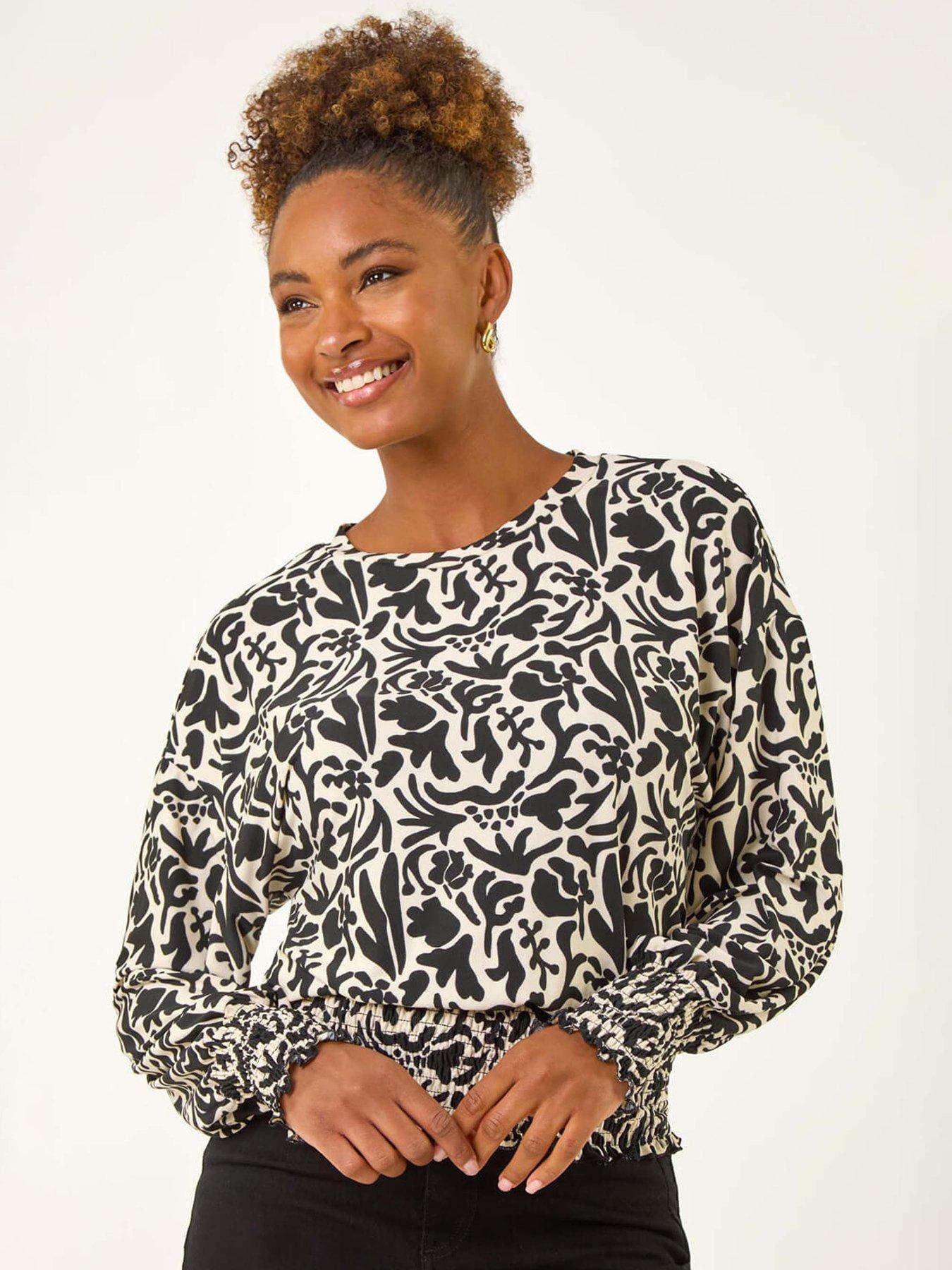 undefined Abstract Print Stretch Top - Black