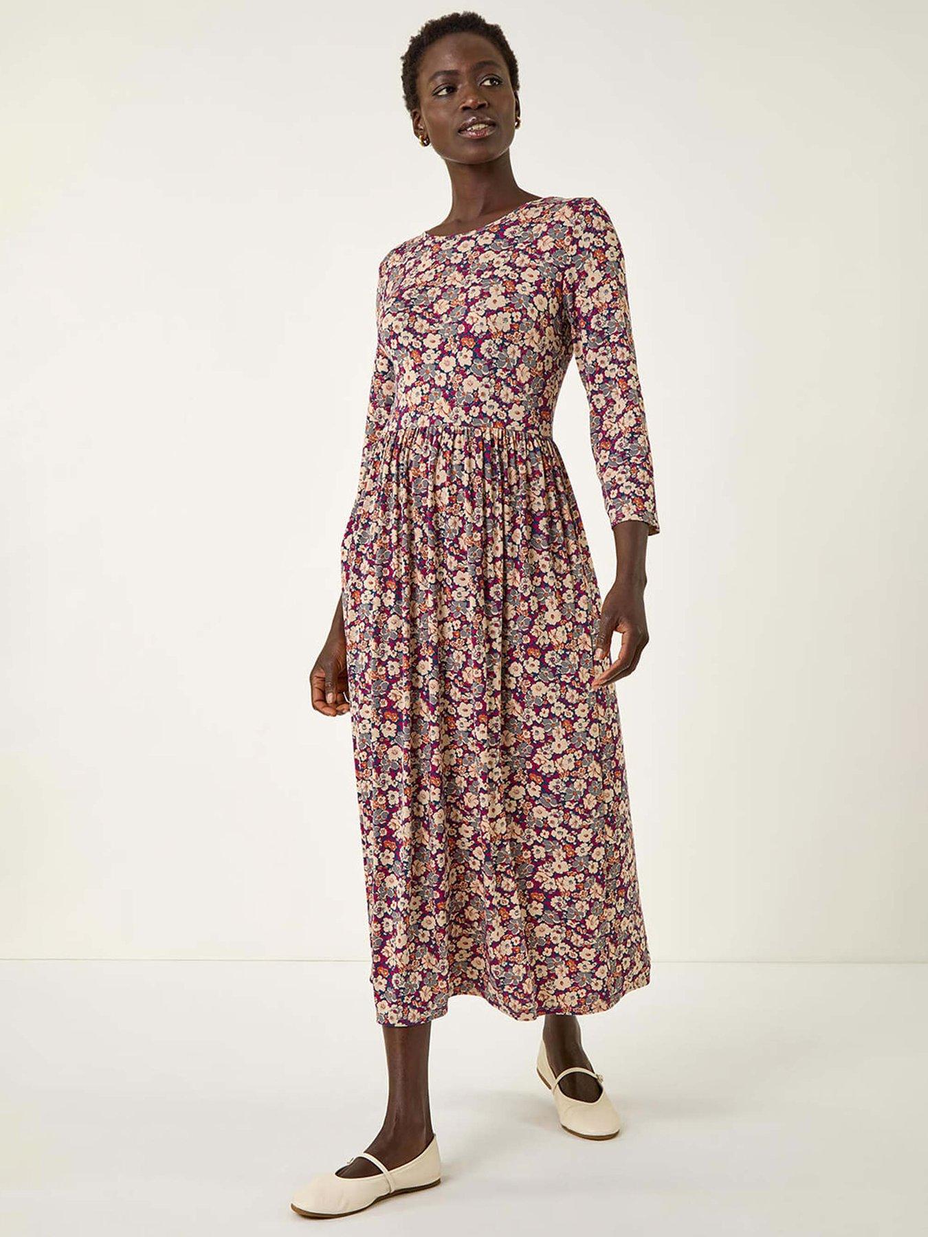 Roman Multi Floral Gathered Midi Dress - Stone