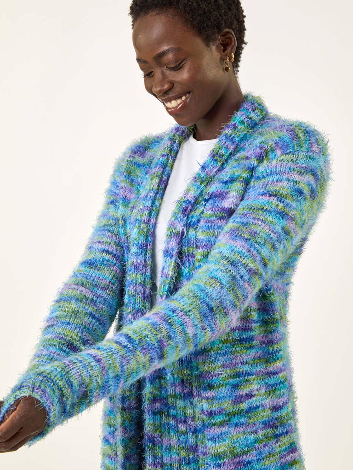 Image 4 of 5 of Roman Multi Fluffy Eyelash Knit Cardigan - Blue