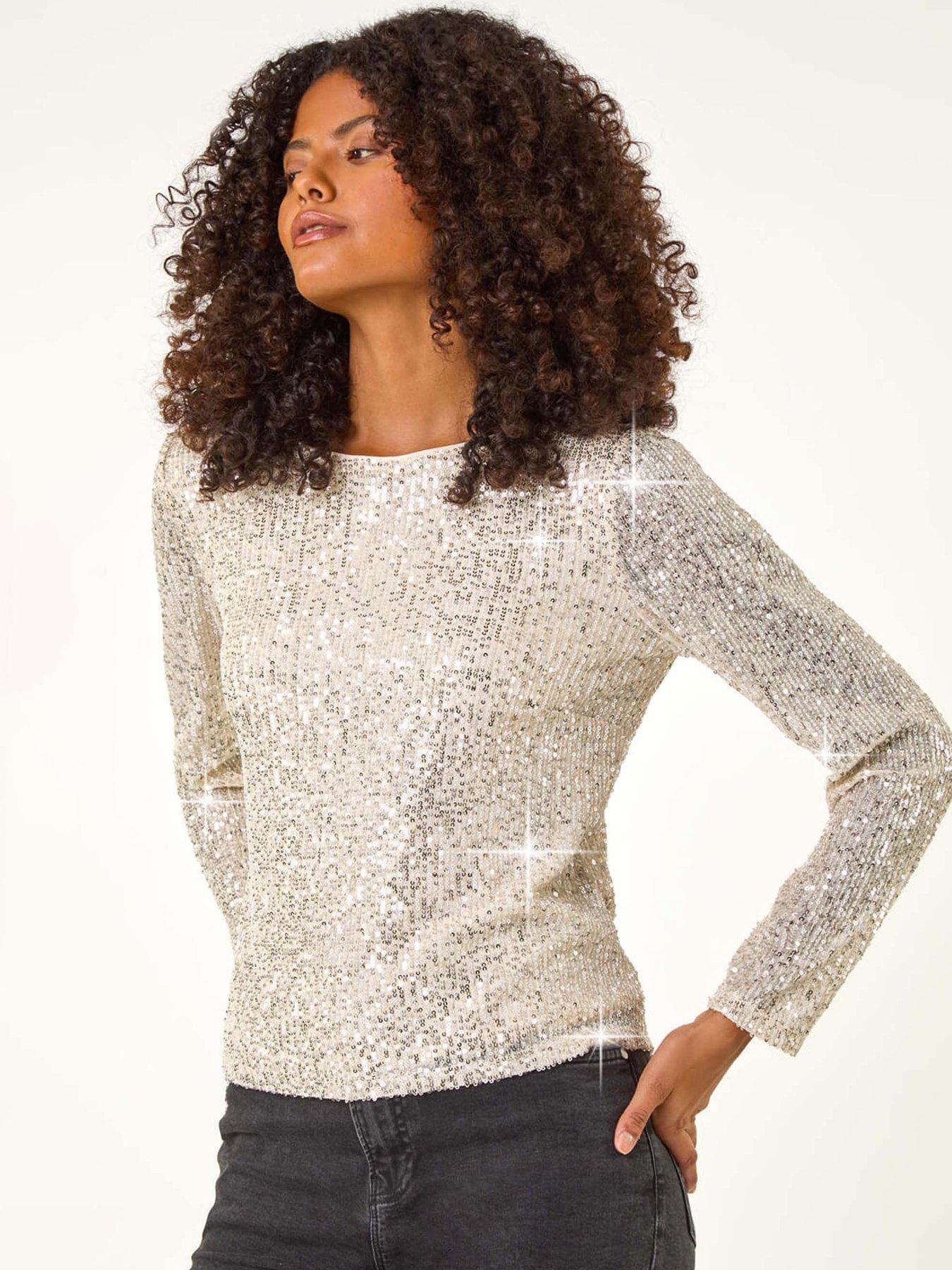 Roman Sequin Long Sleeve Stretch Top - Champagne