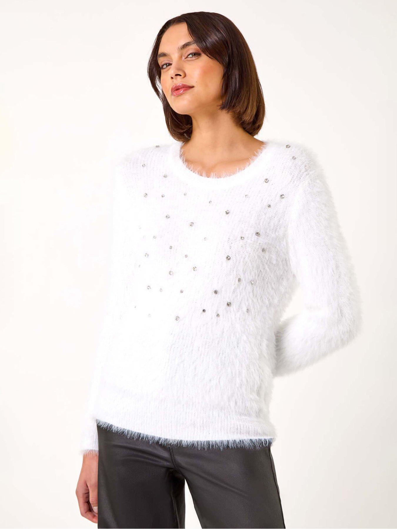 undefined Embellished Fluffy Knit Jumper - Ivory