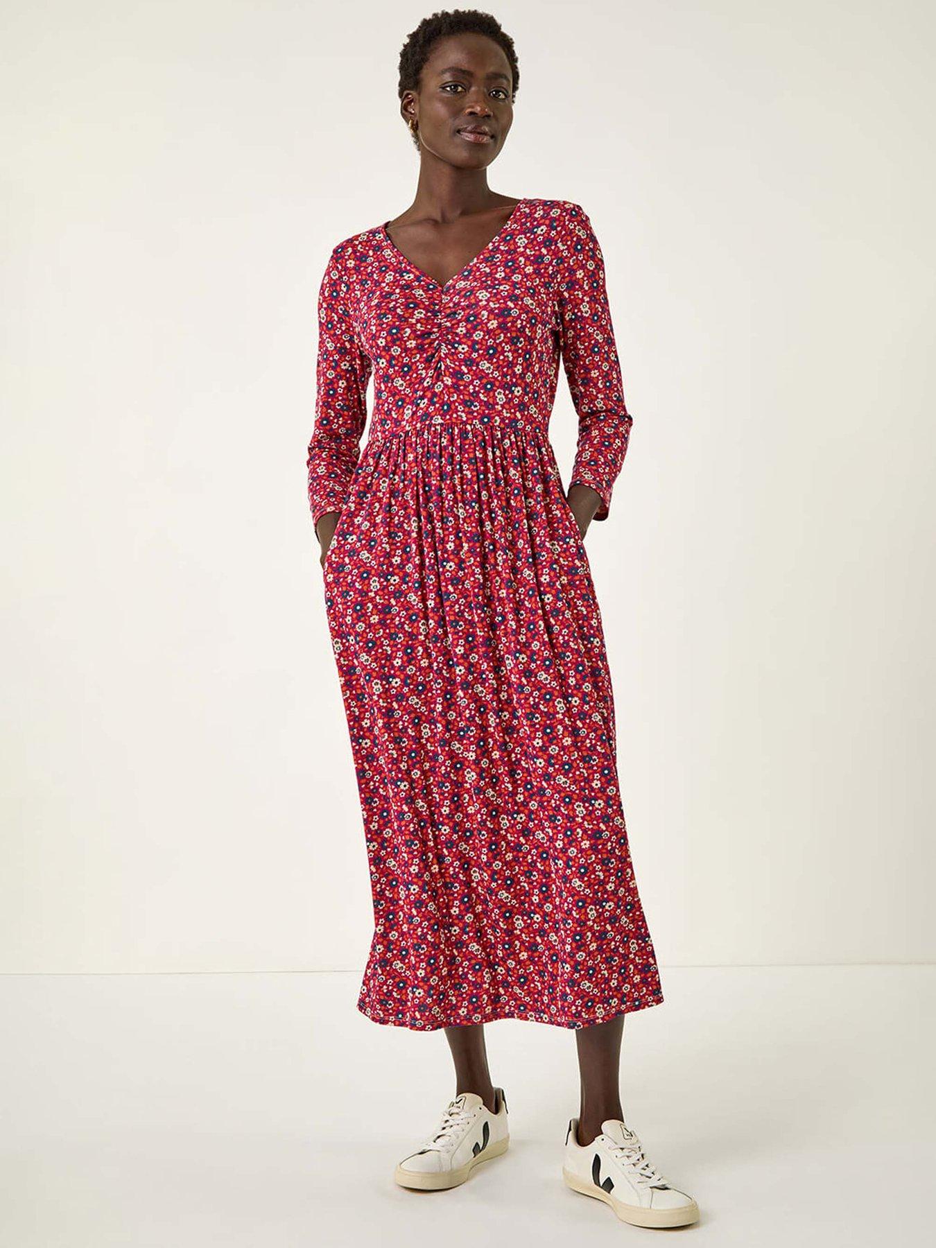 Roman Floral Ruched Midi Dress - Red
