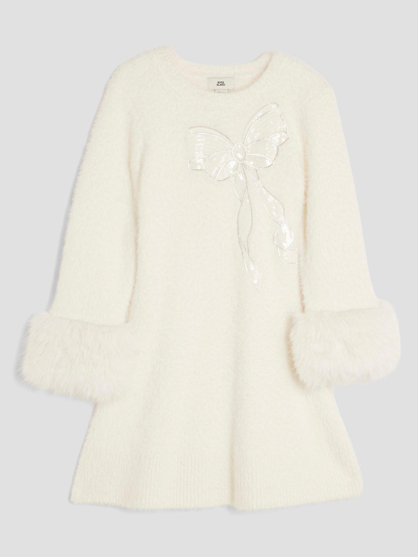 River Island Older Girls Fur Cuff Sequin Bow Skater Dress - Cream