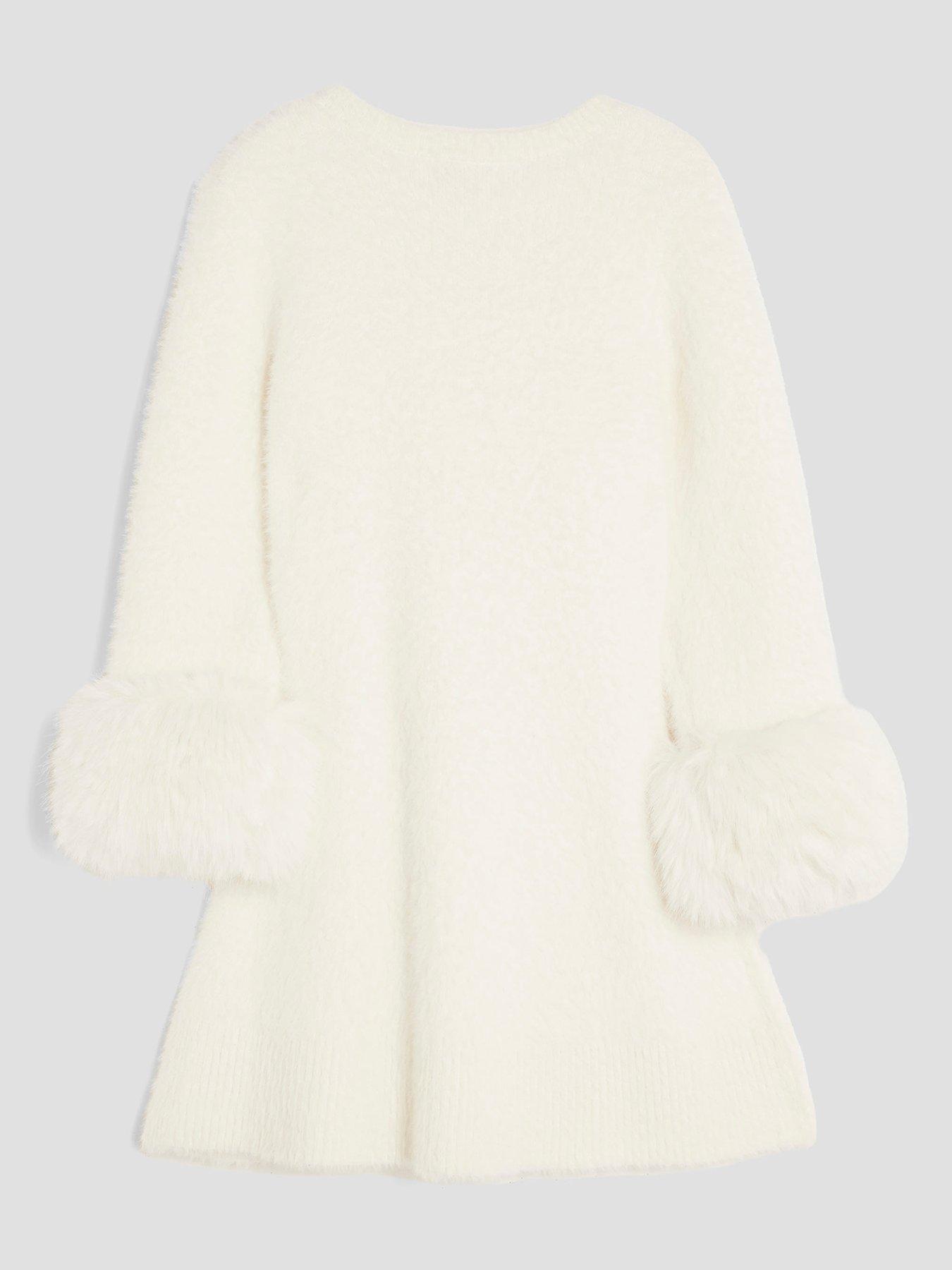 Image 2 of 4 of River Island Older Girls Fur Cuff Sequin Bow Skater Dress - Cream